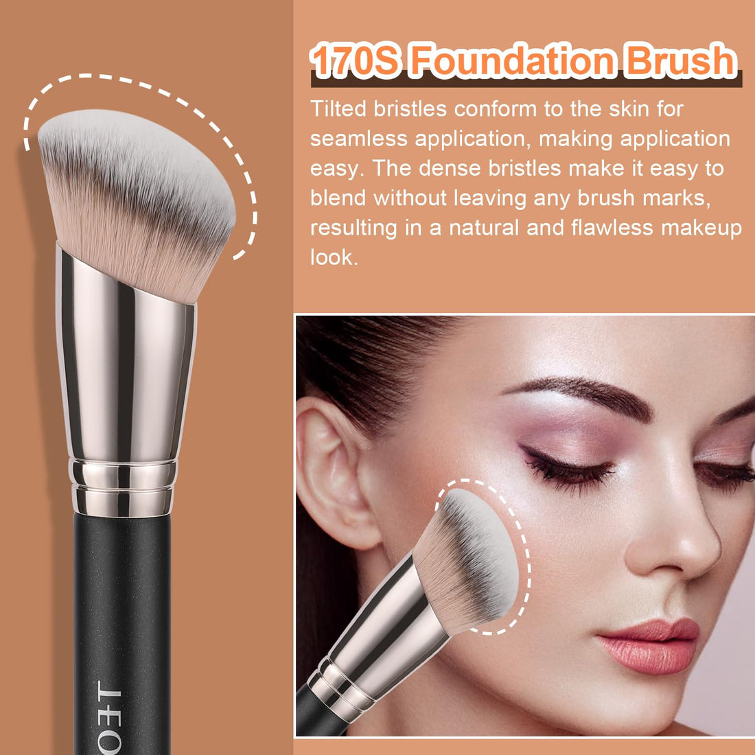 TEOYALL Foundation Contour Conceal Brush Set, 3PCS Angled Synthetic Kabuki Brush for Blending Setting Buffing with Liquid, Cream and Powder Cosmetic (170S/270S/370S)
