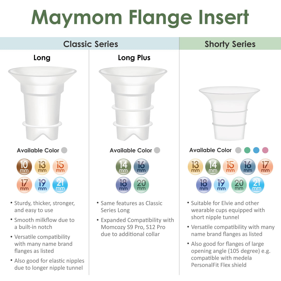 Maymom 15mm Flange Inserts (Long) Compatible with Medela 24mm PersonalFit Shield, Spectra 24mm, Freemie 25mm Cup, Compatible with Momcozy Wearable 24mm Cup (S9, S10, S12), Willow Willow Go Flange