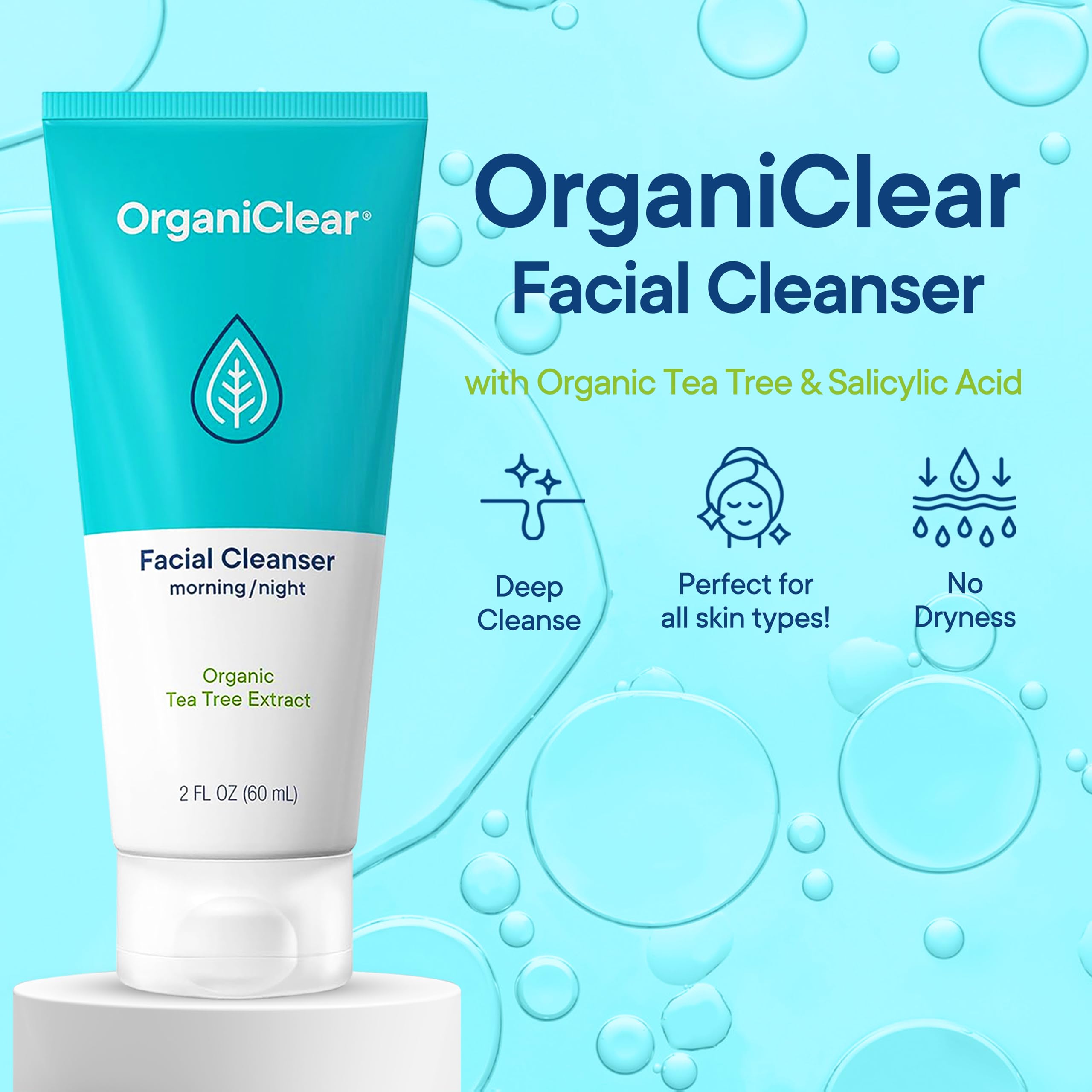 OrganiClear Facial Cleanser w/Organic Tea Tree & Salicylic Acid – Gentle Daily Foaming Gel Face Wash for Deep Cleansing & Makeup Removal – Unclogs Pores, Eliminates Dirt & Oil - No Dryness, (2 oz)