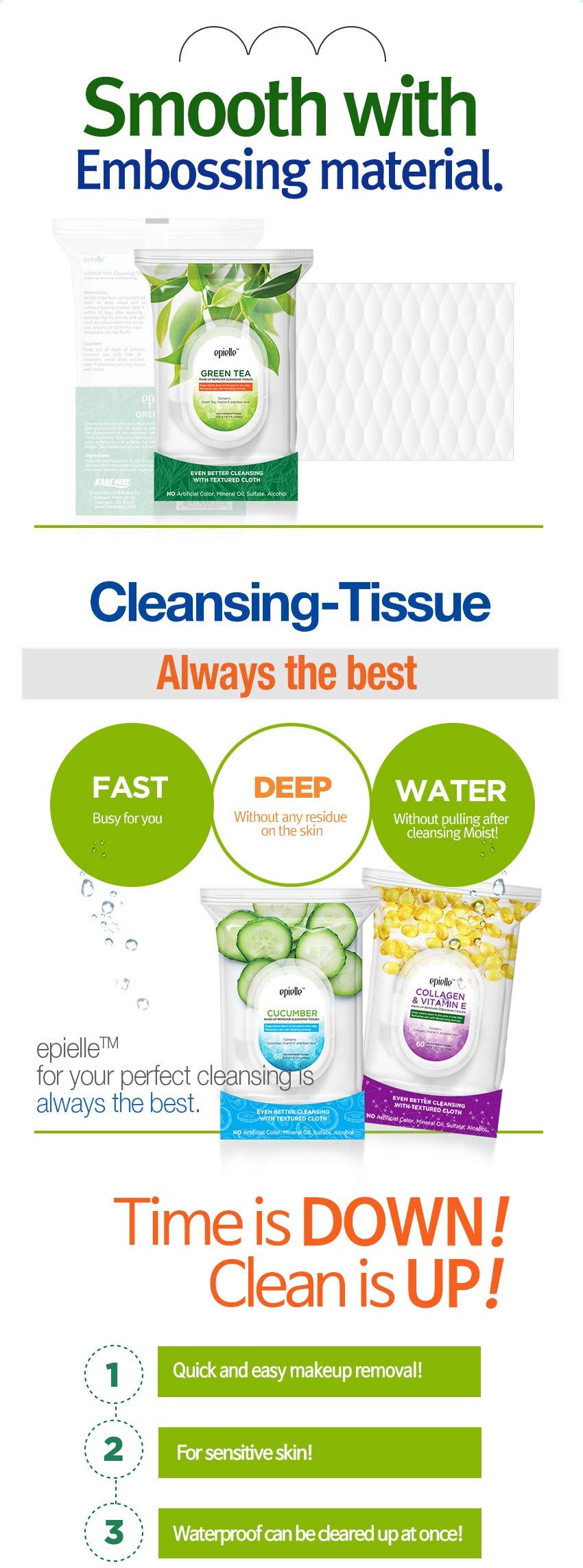 Epielle Collagen Infused Makeup Remover Cleansing Wipes | 60 Count, 2-Pack | Ideal for Beauty Gifts, Spa Days, Gift Sets | Korean Skincare