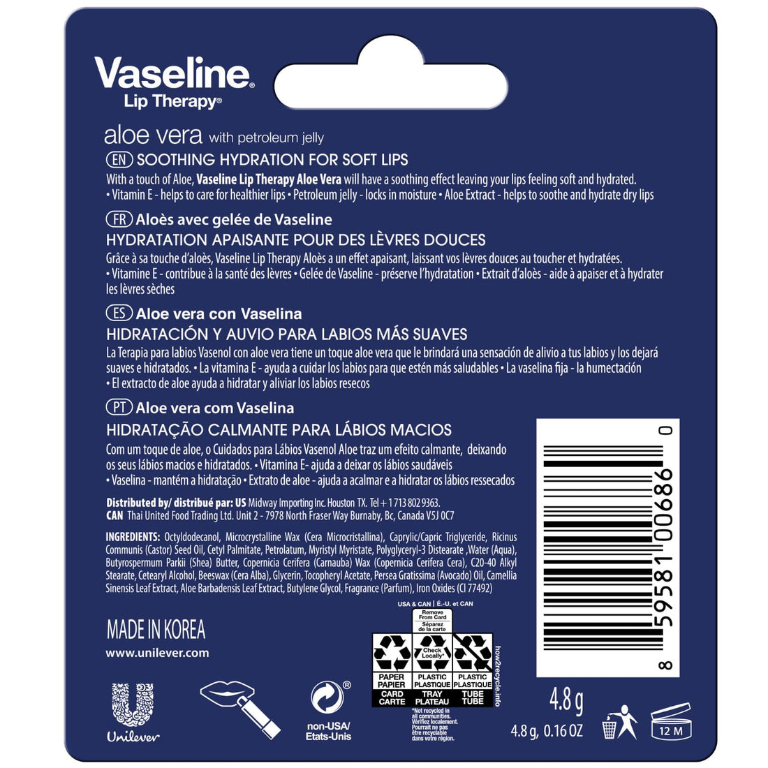 Vaseline Lip Therapy Aloe Fresh 12-Pack – Moisturizing Lip Balm for Very Dry Lips, 0.16 Oz Ea