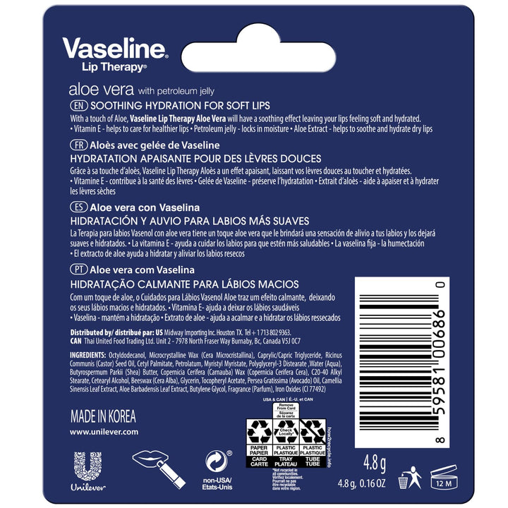 Vaseline Lip Therapy Aloe Fresh 12-Pack – Moisturizing Lip Balm for Very Dry Lips, 0.16 Oz Ea