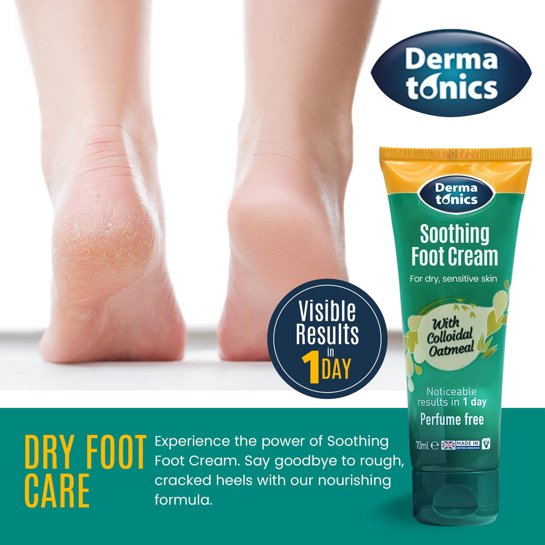 Dermatonics Soothing Foot Cream - 10% Urea w/Colloidal Oatmeal, Exfoliating & Softening Balm, Moisturizer for Dry, Cracked Heels & Rough Skin, Rehydrating for Feet, Elbows & Hands - 2.37 fl oz Tube