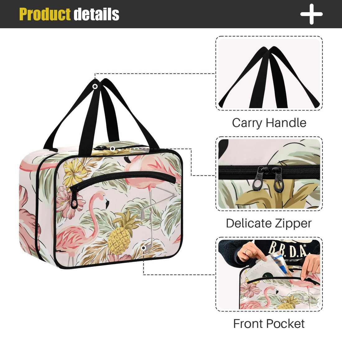Toiletry Bag Travel Bag with Hanging Hook Tropical Pink Flamingos Pineapples Hibiscus Bouquets Palm Leaves Makeup Cosmetic Bag Travel Organizer Water-resistant for Toiletries Accessories Shampoo Fu