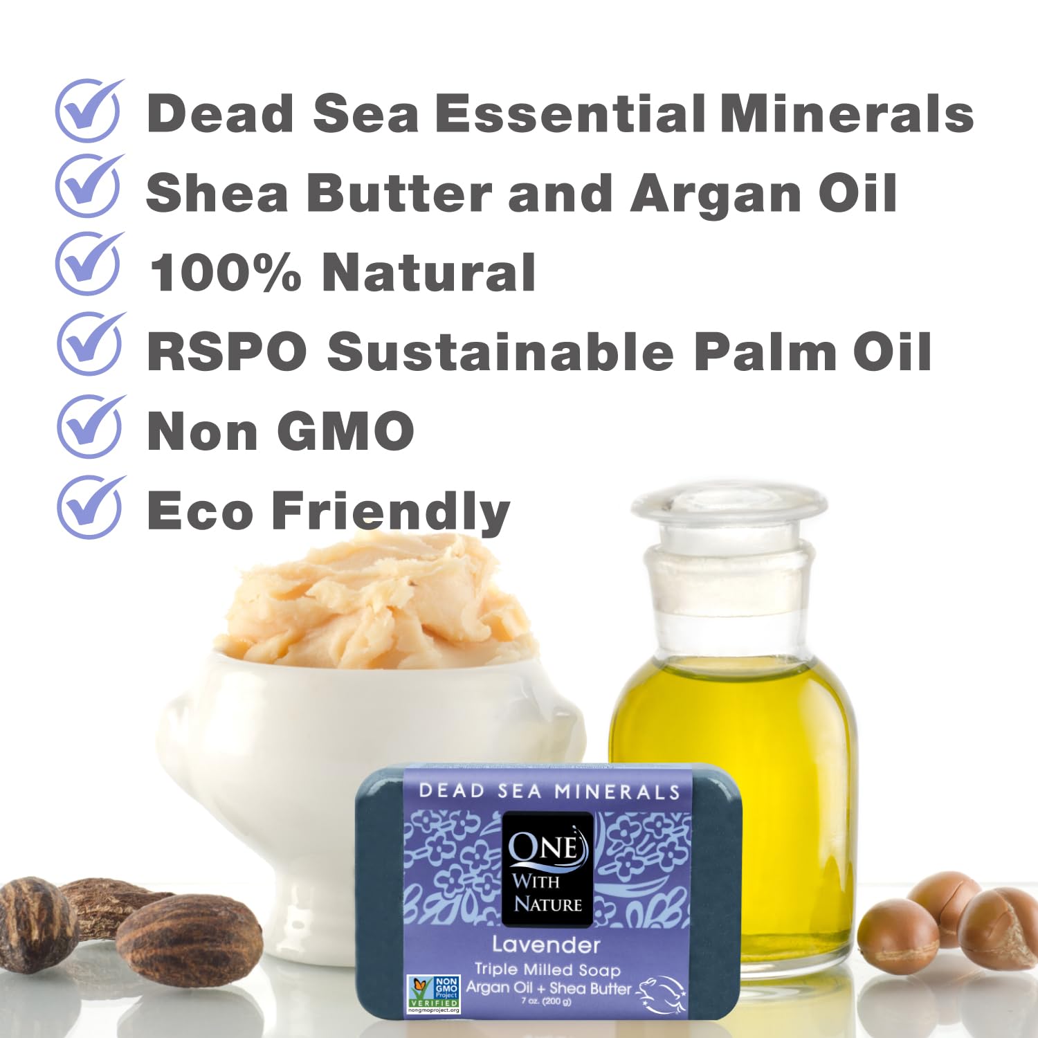 One With Nature Dead Sea Salt Lavender Soap 7oz Bars 3Pack - Dead Sea Salt Contains Magnesium, Sulfur & 21 Essential Minerals - Ideal for All Skin - Shea Butter, Argan Oil Enriches, Natural Fragrance