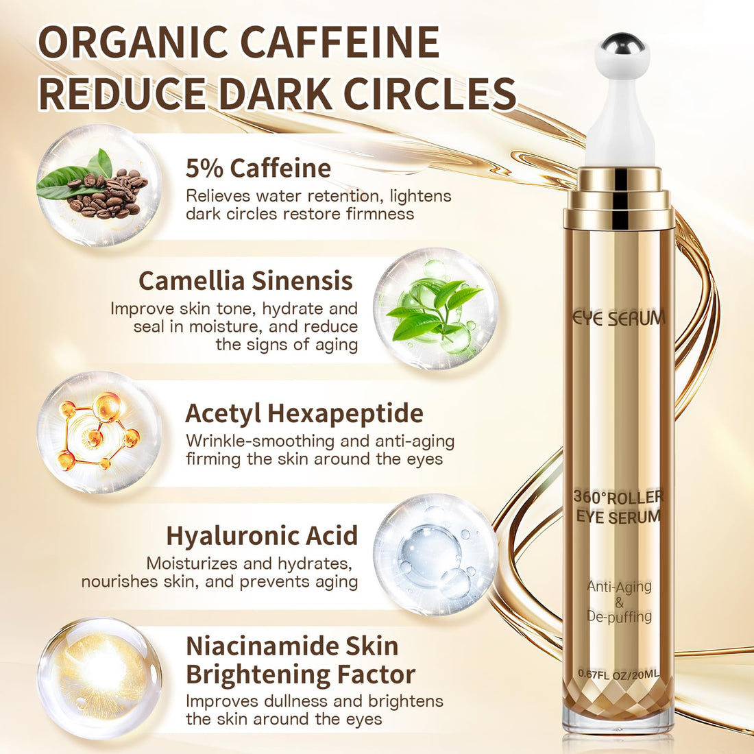 Caffeine Eye Serum, Hyaluronic Acid Under Eye Cream for Dark Circles and Puffiness, Anti Aging with 360° Massage Ball Reduce Bags, Wrinkles and Fine Lines