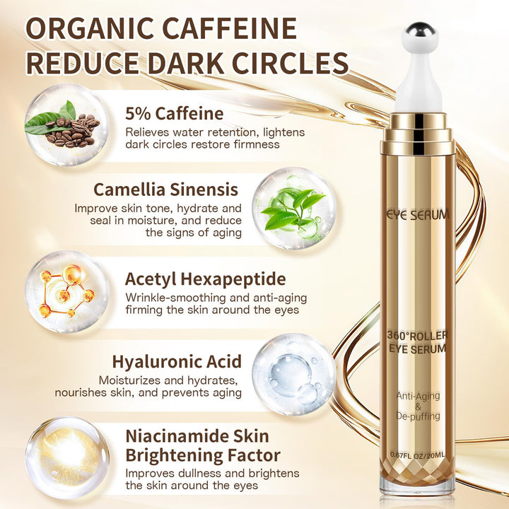 Caffeine Eye Serum, Hyaluronic Acid Under Eye Cream for Dark Circles and Puffiness, Anti Aging with 360° Massage Ball Reduce Bags, Wrinkles and Fine Lines