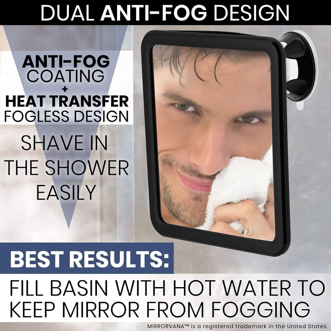 MIRRORVANA Fogless Shower Mirror for Shaving with Upgraded Suction, Dual Anti Fog Design, Shatterproof Surface & 360° Swivel, 8 x 7