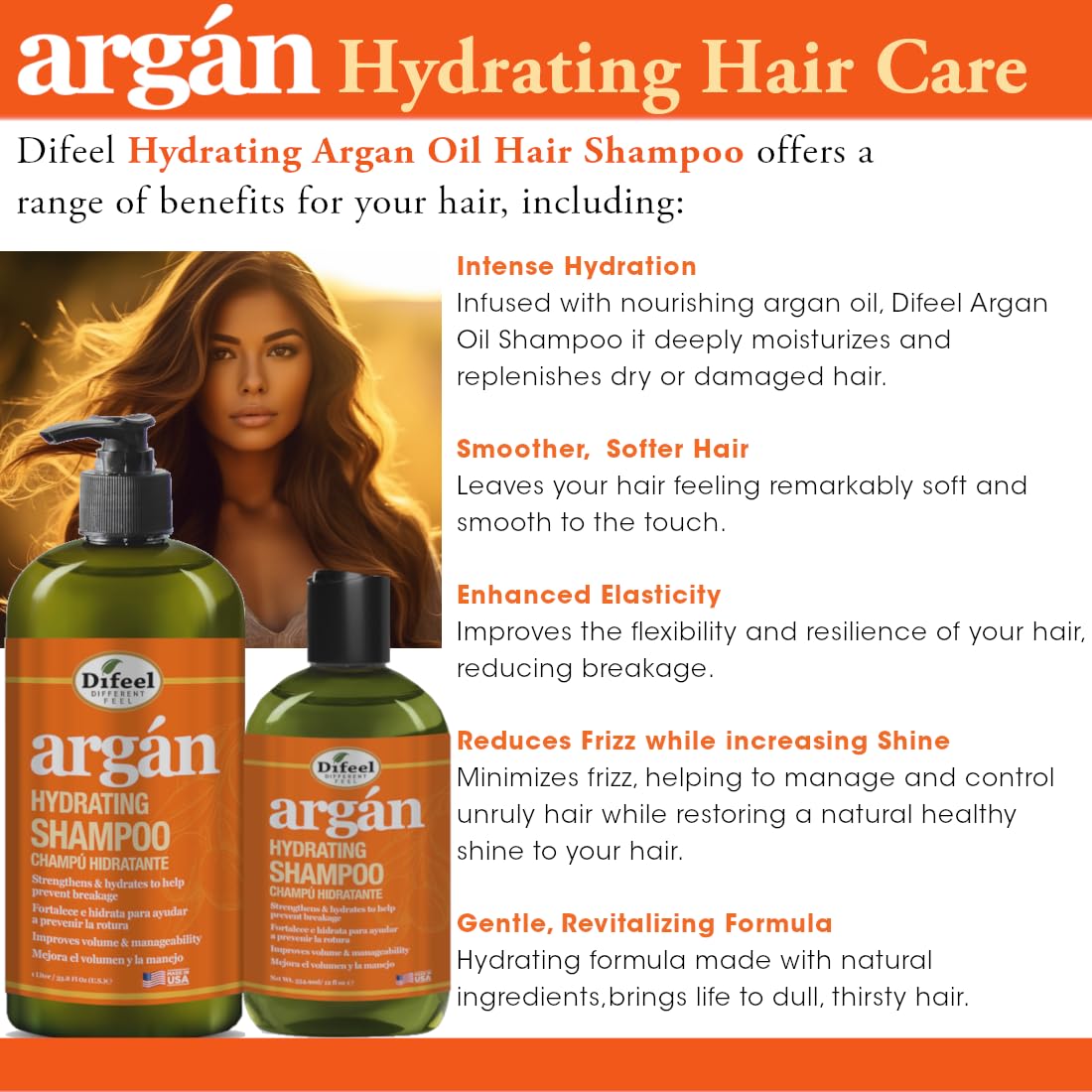 Difeel Argan Hydrating Shampoo 33.8 oz. - Argan Oil Shampoo, Natural Sulfate Free Shampoo for Hair