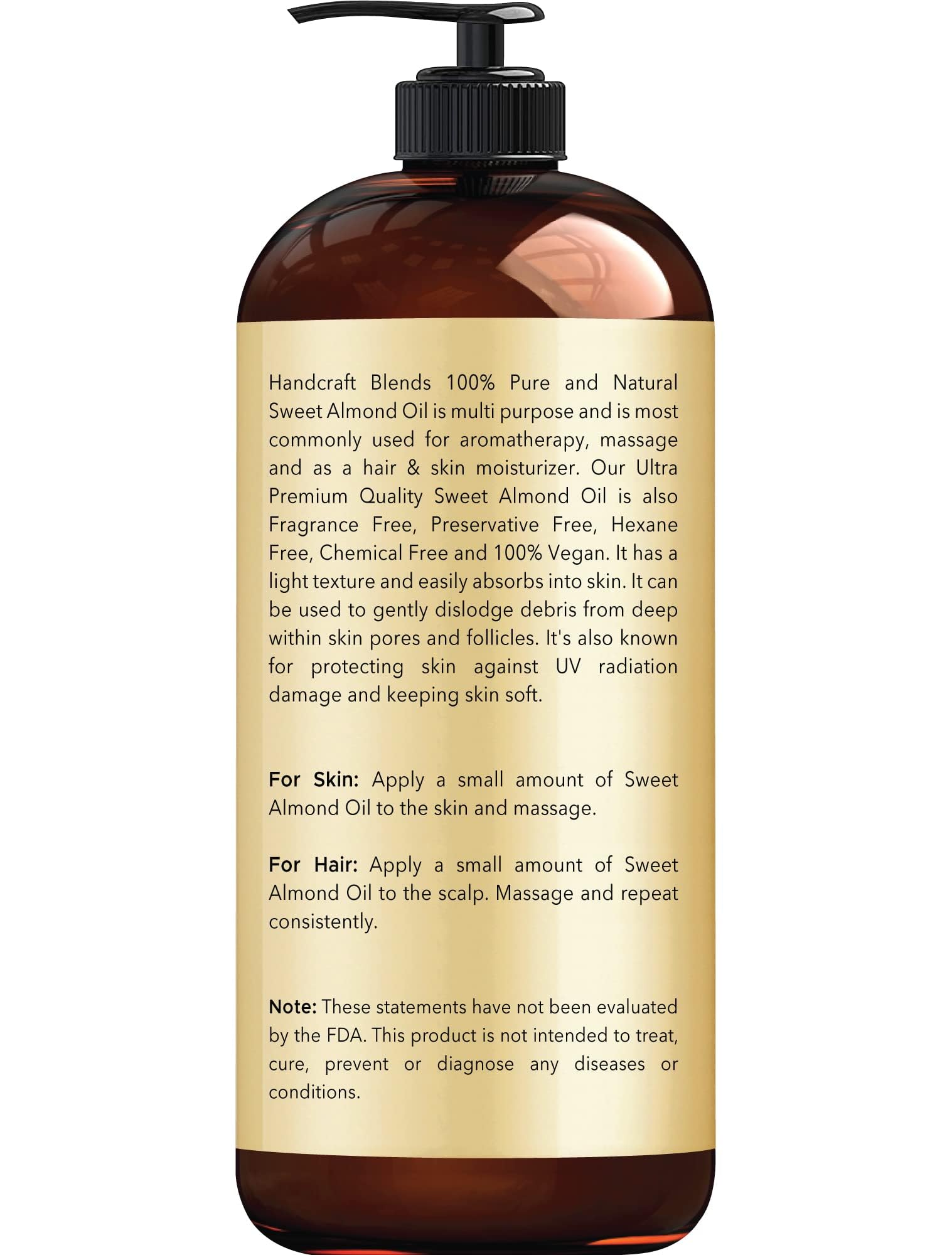 Handcraft Blends Sweet Almond Oil - 16 Fl Oz - 100% Pure and Natural - Premium Grade Carrier Oil for Skin and Hair - Hair and Body - Massage - Hexane-Free