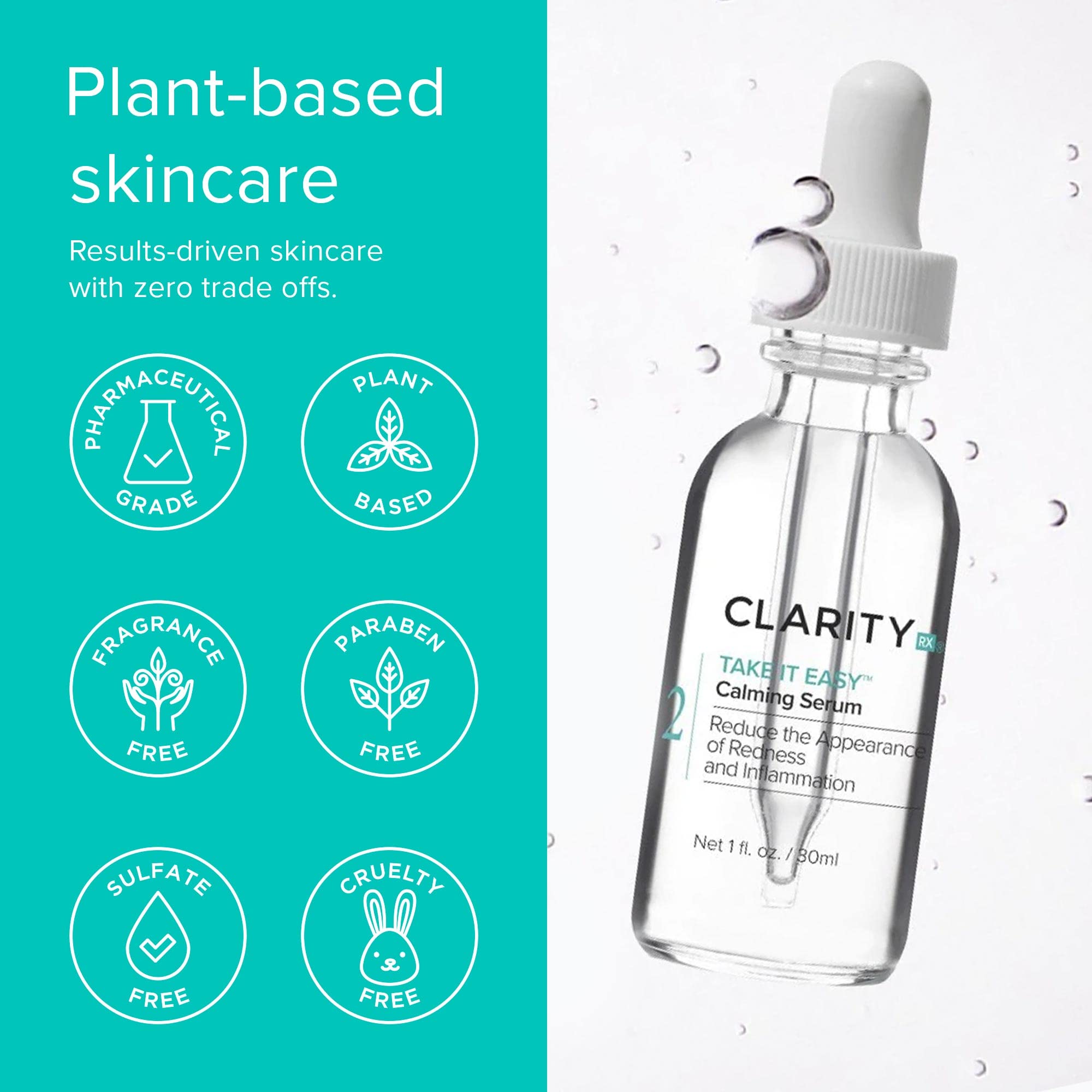 ClarityRx Take It Easy Calming Facial Treatment, Plant Based Anti Redness Serum for Rosacea & Sensitive Skin, Paraben Free, Natural Skin Care (1 fl oz)