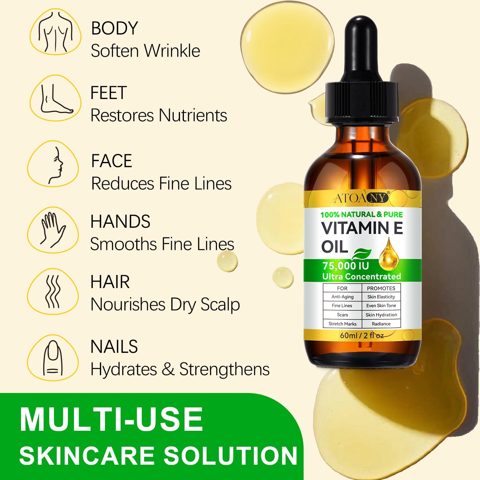 Vitamin E Oil Blend 75,000 IU, Vitamin E Oil for Skin, Scars, Face & Full Body, Organic Pure Vitamin E Oil for Tightening Plump Skin, Reduce Fine Lines & Scars, Moisturizing Skin, 2 Fl Oz