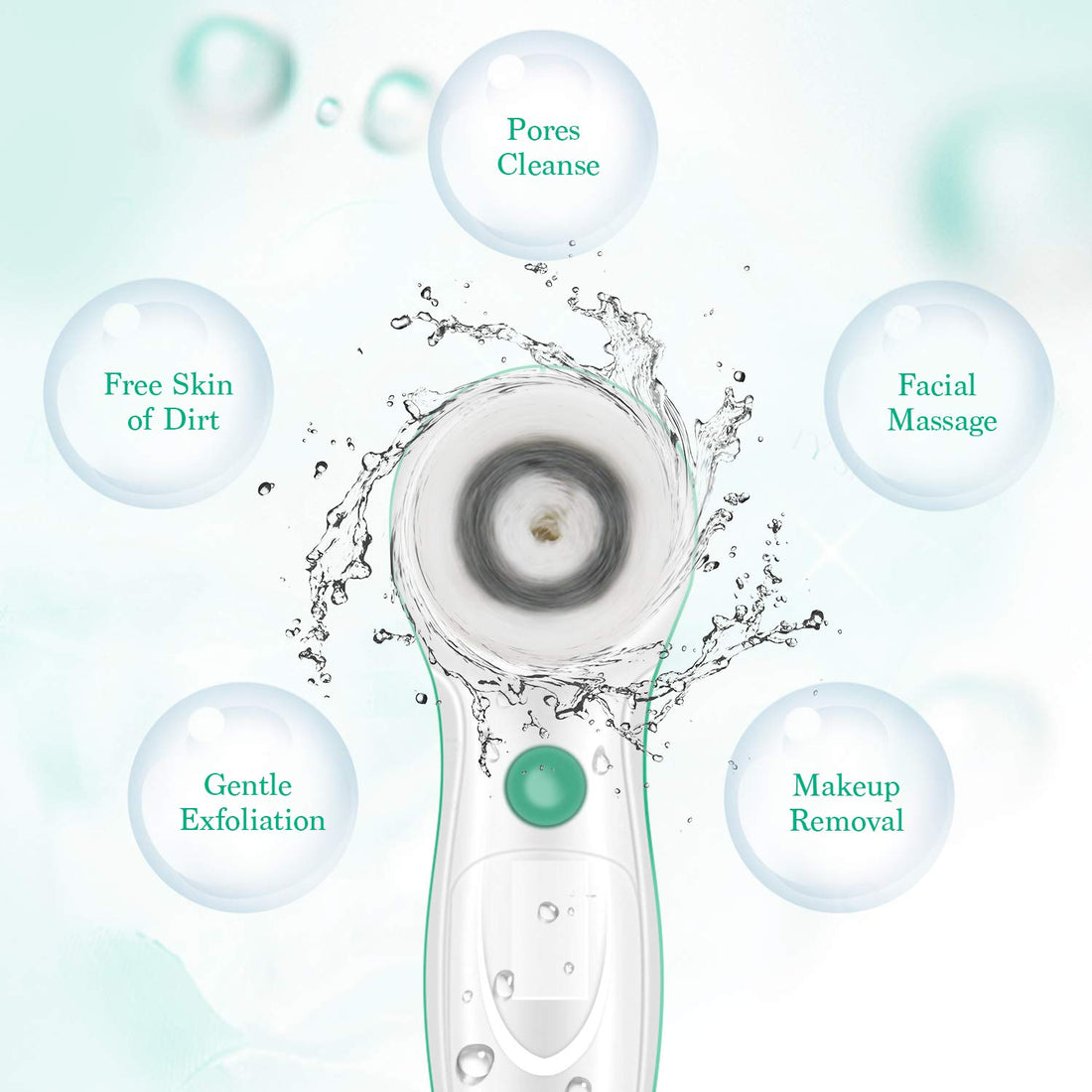 TOUCHBeauty Facial Brush Skin Deep Cleansing & Exfoliating Device FDA Certification with 3 Spin Brushes Original & Official Manufacture Direct | Travel Case, Waterproof, Battery Powered Mint Green