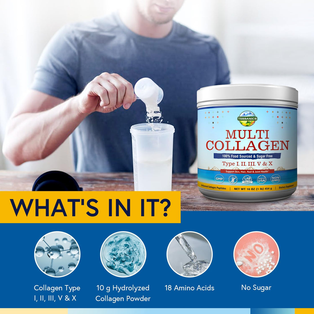 Terranics Multi Collagen Peptides Powder, Type I II III V X Hydrolyzed Collagen for Women+Men, Collagen Supplements for Skin Nail Hair & Joint, Fast Dissolve, Unflavored Colageno, No Sugar, Keto, 16oz