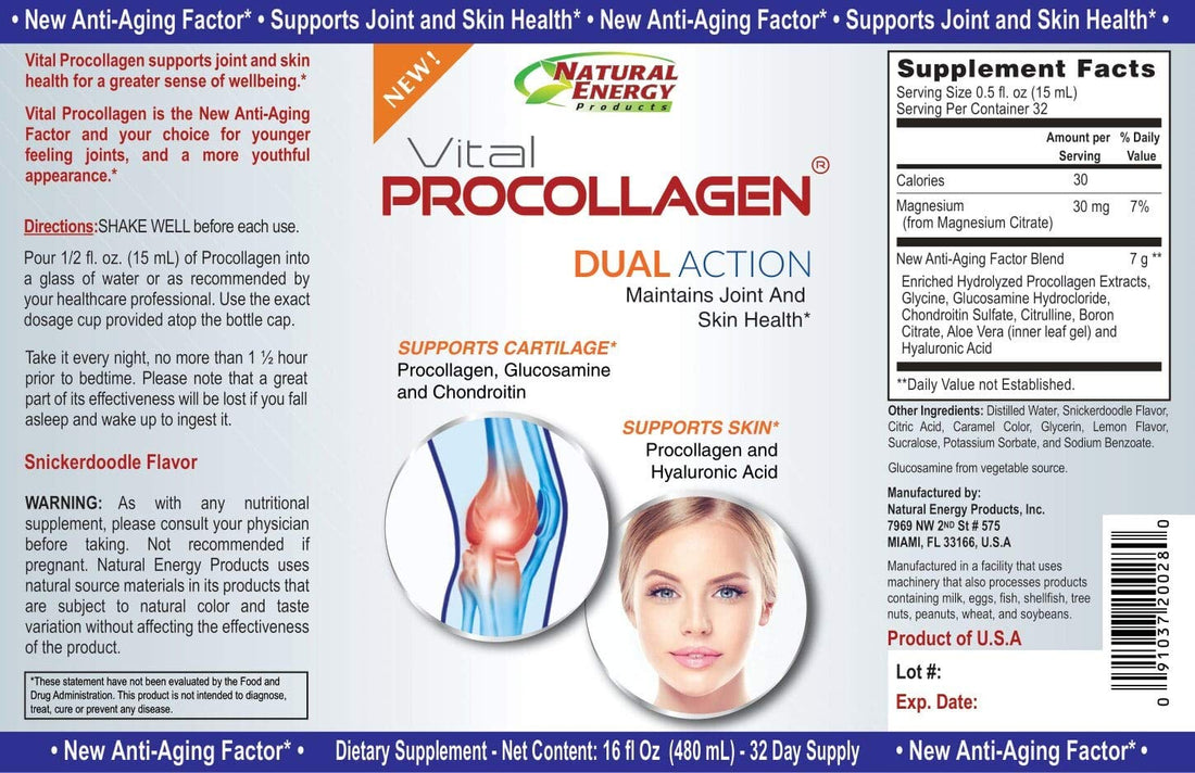 Natural Energy Vital Procollagen - Liquid Hydrolyzed Collagen Protein with Hyaluronic Acid and Glucosamine Chondroitin Sulfate Anti-Aging Factor for Men and Women 16oz |New Snickerdoodle Flavor|