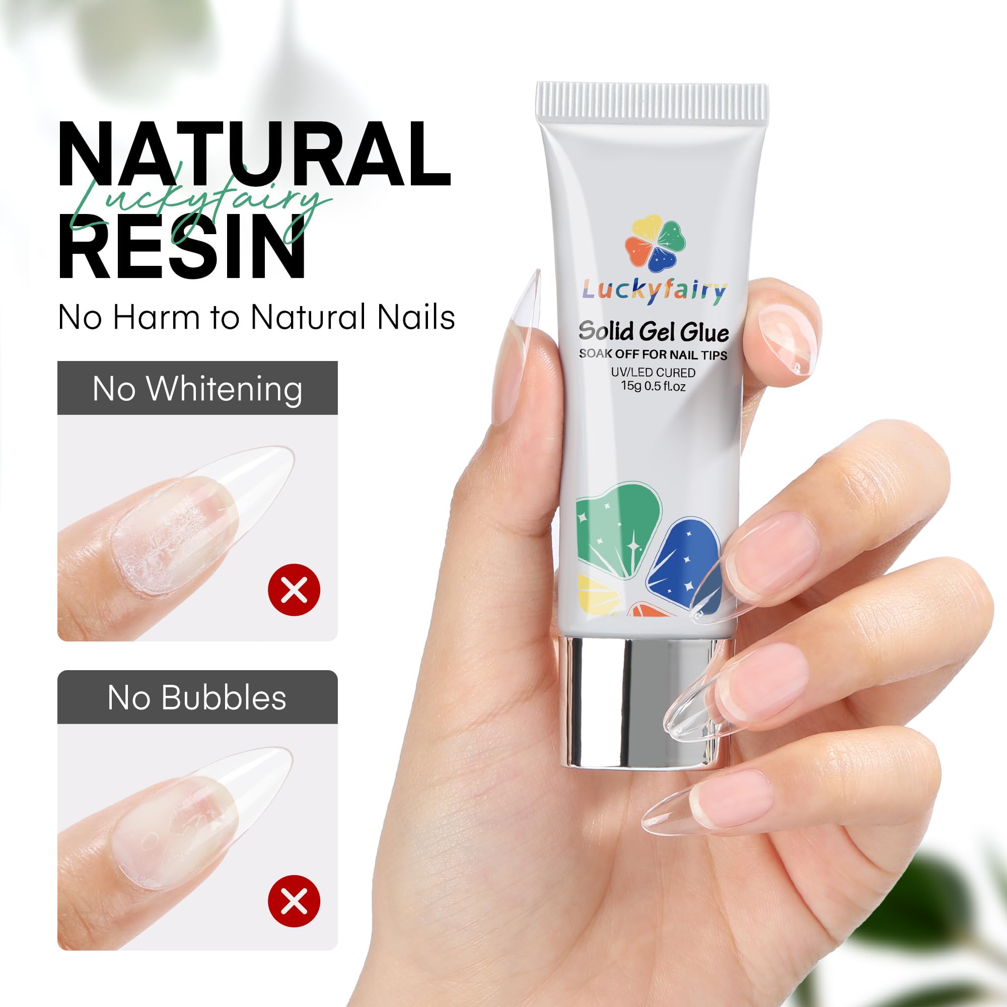 Luckyfairy Nail Glue Gel for Nail Tips, Super Strong Solid Gel Glue U V Cured Needed, 15ml Soak Off Soft Adhesive Bonding for Acrylic Nails, Nails Extension Fake Nails