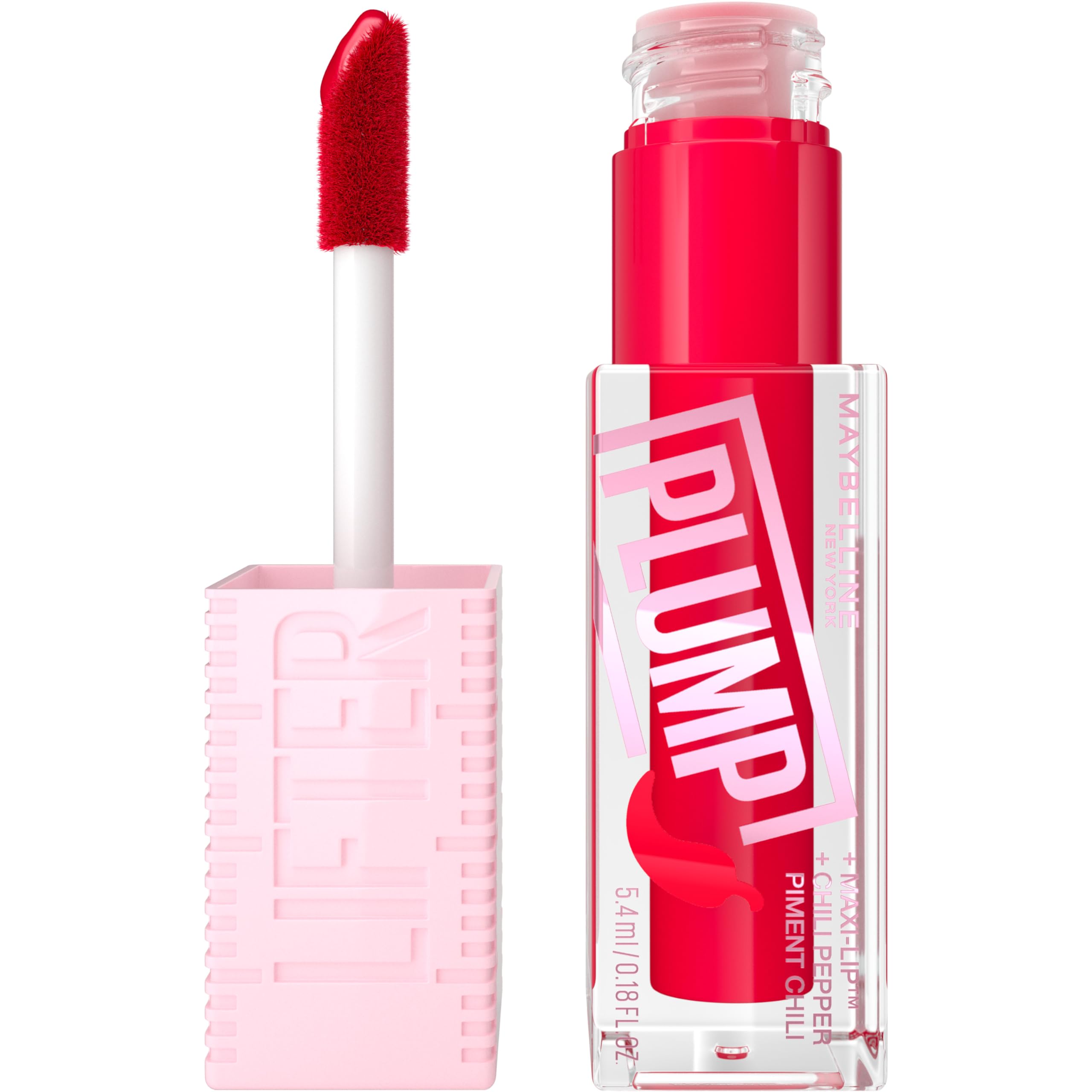 MAYBELLINE Lifter Gloss Lifter Plump, Plumping Lip Gloss with Chili Pepper and 5% Maxi-Lip, Red Flag, Sheer Red, 1 Count