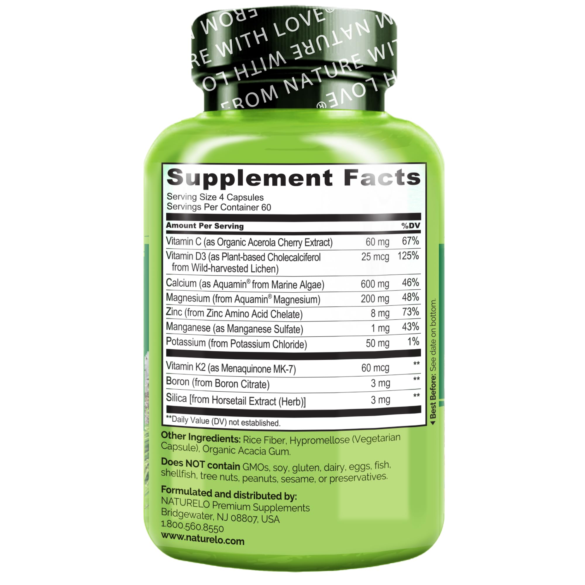 NATURELO Plant-Based Calcium Supplement with Vitamin D3, K2, C, Magnesium & Zinc – 600mg Calcium for Bone Strength & Joint Health – Non-GMO, Soy-Free, Gluten-Free – 240 Vegetarian Capsules