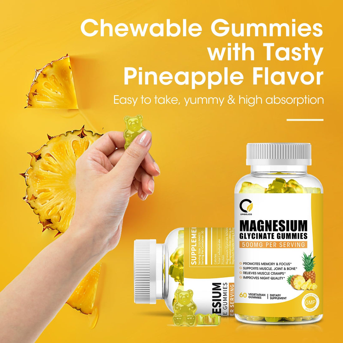 (1 Pack) Magnesium Glycinate Gummies, High-Absorption Magnesium Supplement with Calcium & Vitamins, Support Bone, Muscle, Night, Memory & Mood, Vegan, Non-GMO, 60 Counts, Pineapple Flavor