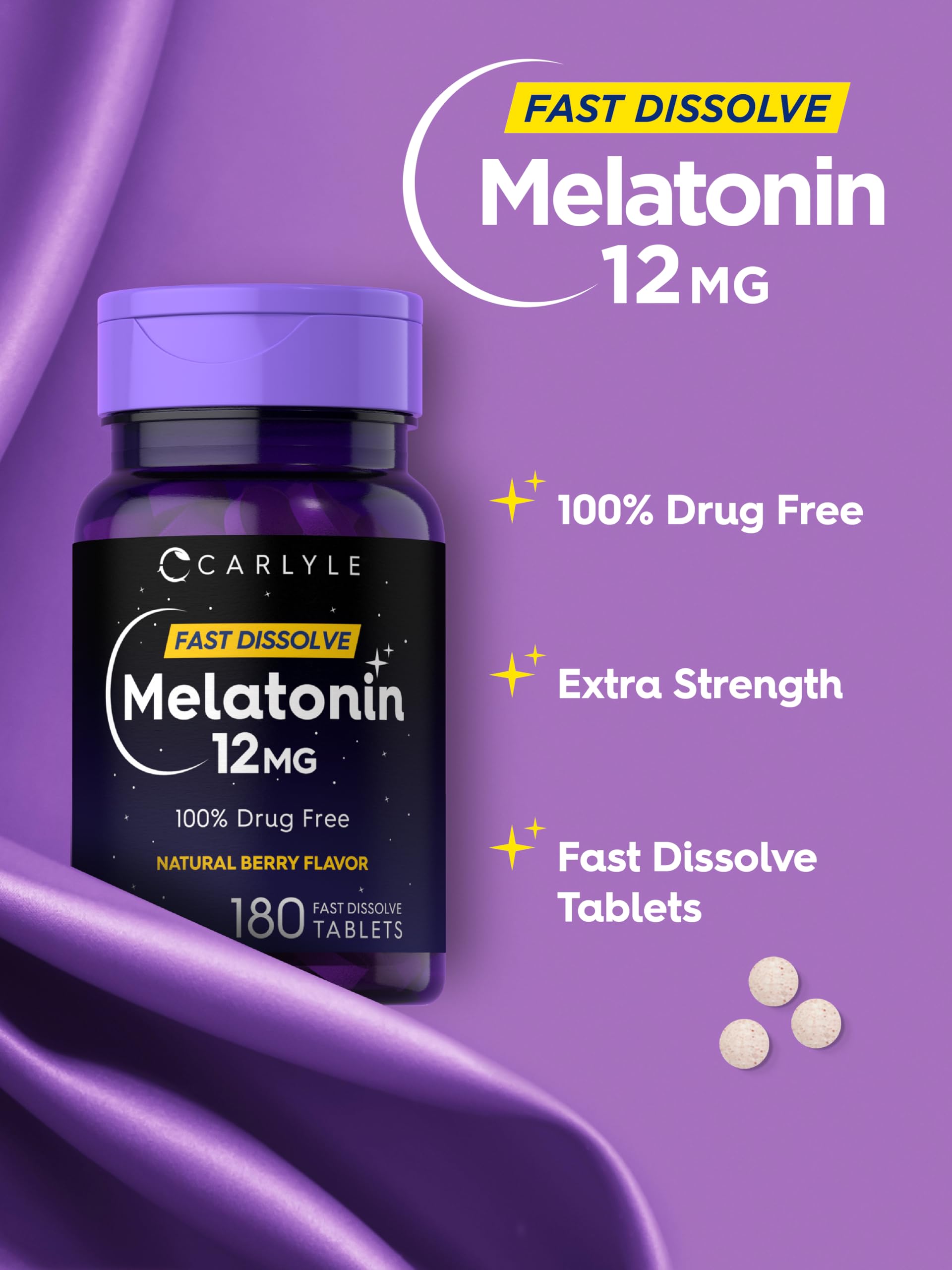Carlyle Melatonin 12 mg Fast Dissolve 180 Tablets | Drug Free | Natural Berry Flavor | Vegetarian, Non-GMO, Gluten Free