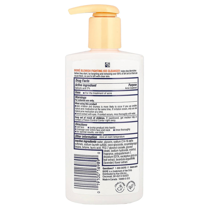 Bioré Blemish Fighting Ice Cleanser, Salicylic Acid, Clears and Helps Prevent Acne Breakouts, Cools & Refreshes Skin, Oil Free, 6.77 Ounce