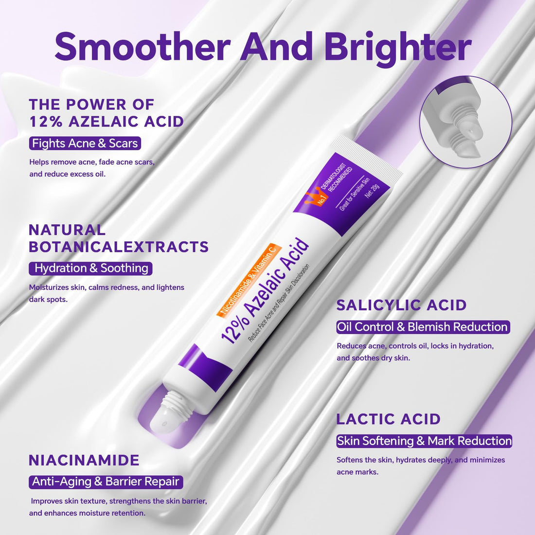 Azelaic Acid 12% Serum for Acne & Redness Relief - Niacinamide Facial Serum to Reduce Pimples, Blackheads, Scars & Oily Skin - Brightening Azelaic Acid Cream for Clear, Balanced Skin (1PCS)