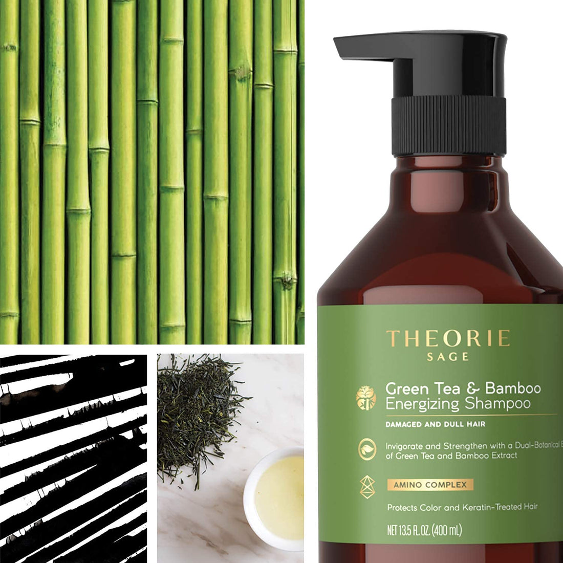 Theorie Green Tea and Bamboo - Energizing Shampoo - Invigorate & Strengthen, Irresistible Scent of Green Tea, Jasmine, Amber & Cypress - For Damaged & Dull Hair - Color & Keratin Safe / 800mL