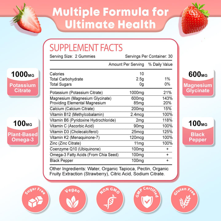 Potassium Magnesium Supplement Gummies for Adults Kids, Magnesium Glycinate & Potassium Citrate, Plus Multivitamin, Omega-3 & Black Pepper, Leg Cramps, Muscle & Heart Health, 60ct