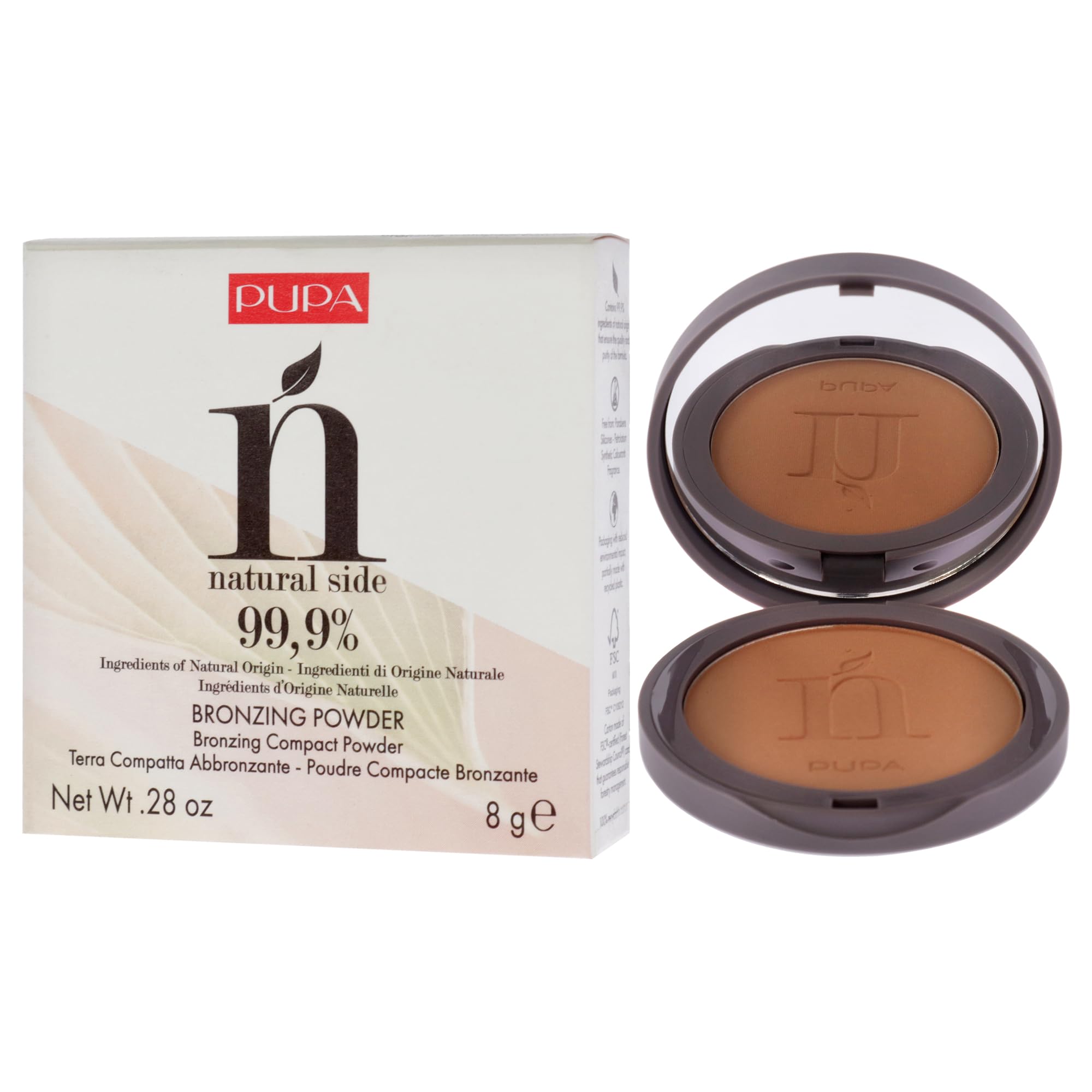 Pupa Milano Natural Side Bronzing Powder - Compact Bronzing Powder 99.9% Ingredients of Natural Origin - Gives Your Face a Natural Even-Looking Tan - 002 Natural Bronze - 0.28 Oz