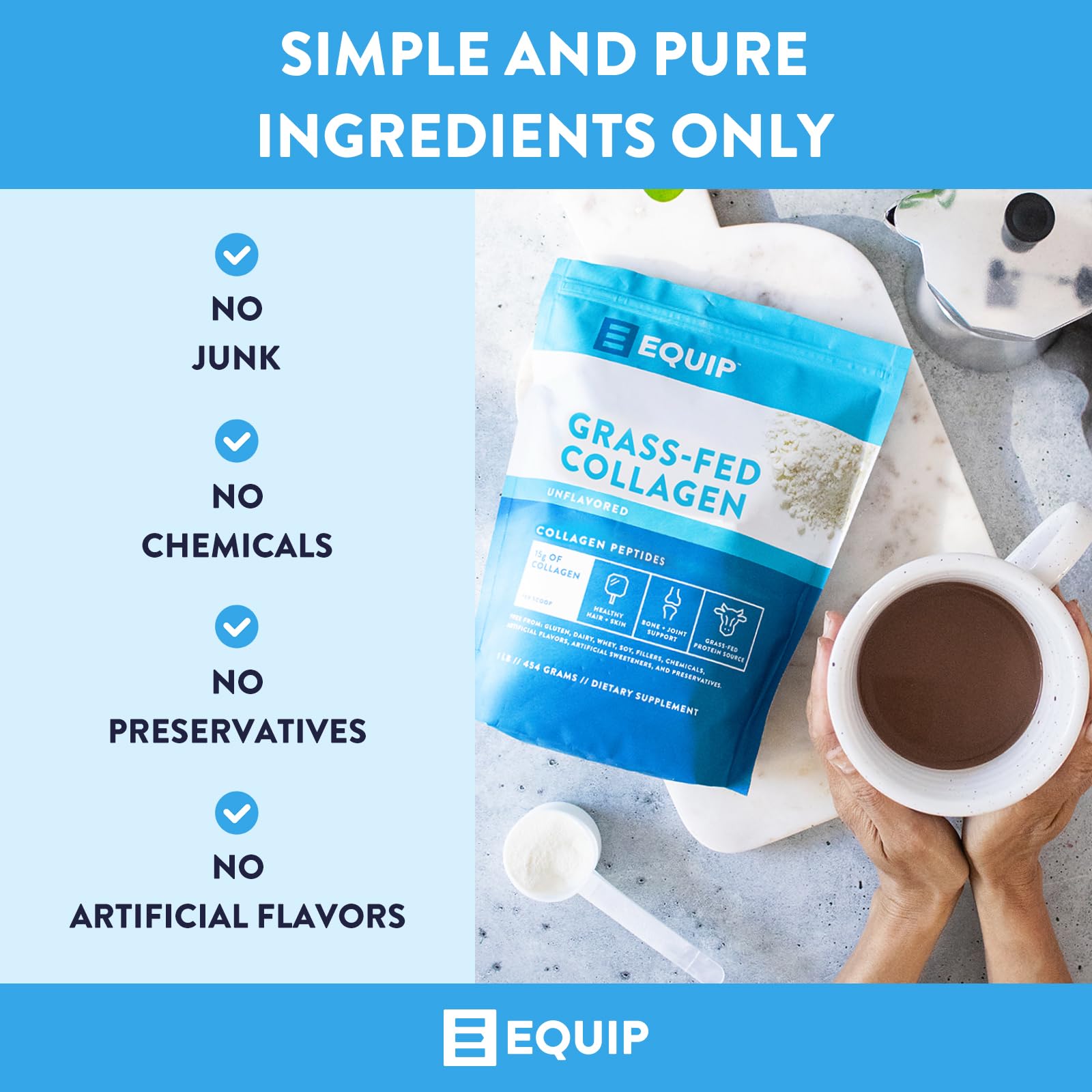Equip Foods Grass Fed Collagen Powder | Hydrolyzed Bovine Collagen Peptides with Amino Acids | Prime Beef Collagen for Healthy Joints, Skin & Nails | Non-GMO, Paleo Friendly | 30 Servings, Unflavored