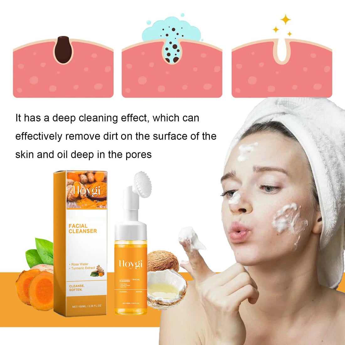 HOYGI Turmeric Face Wash, Turmeric Facial Cleanser, Turmeric Foaming Cleanser for All Skin, 3.38 Fl Oz/pcs