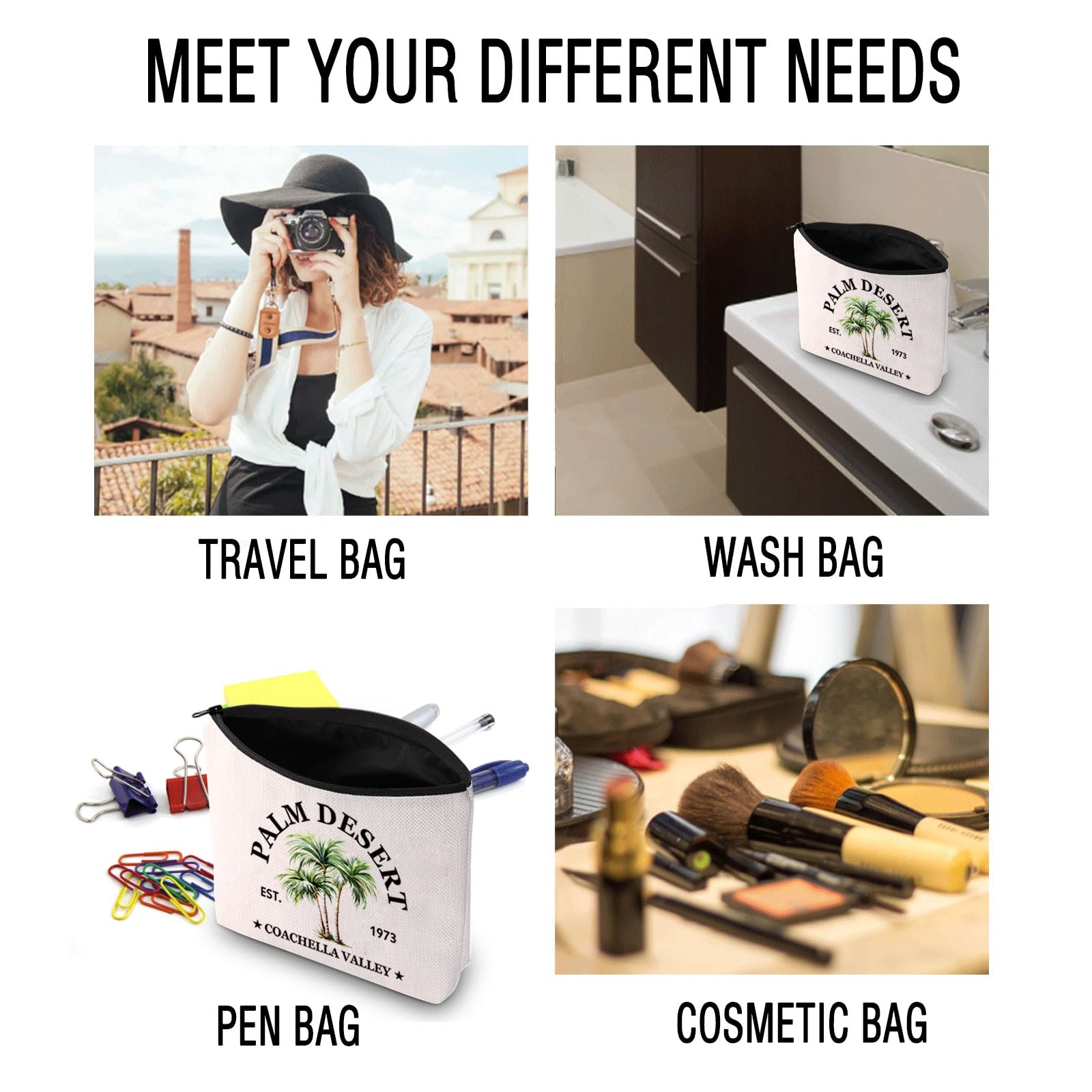 JXGZSO Palm Springs Cosmetic Bag Palm Desert Coachella Valley Est 1973 Makeup Bag California Palms Pouch Bag Palm Tree Lovers Gift (Palm Desert Bag)