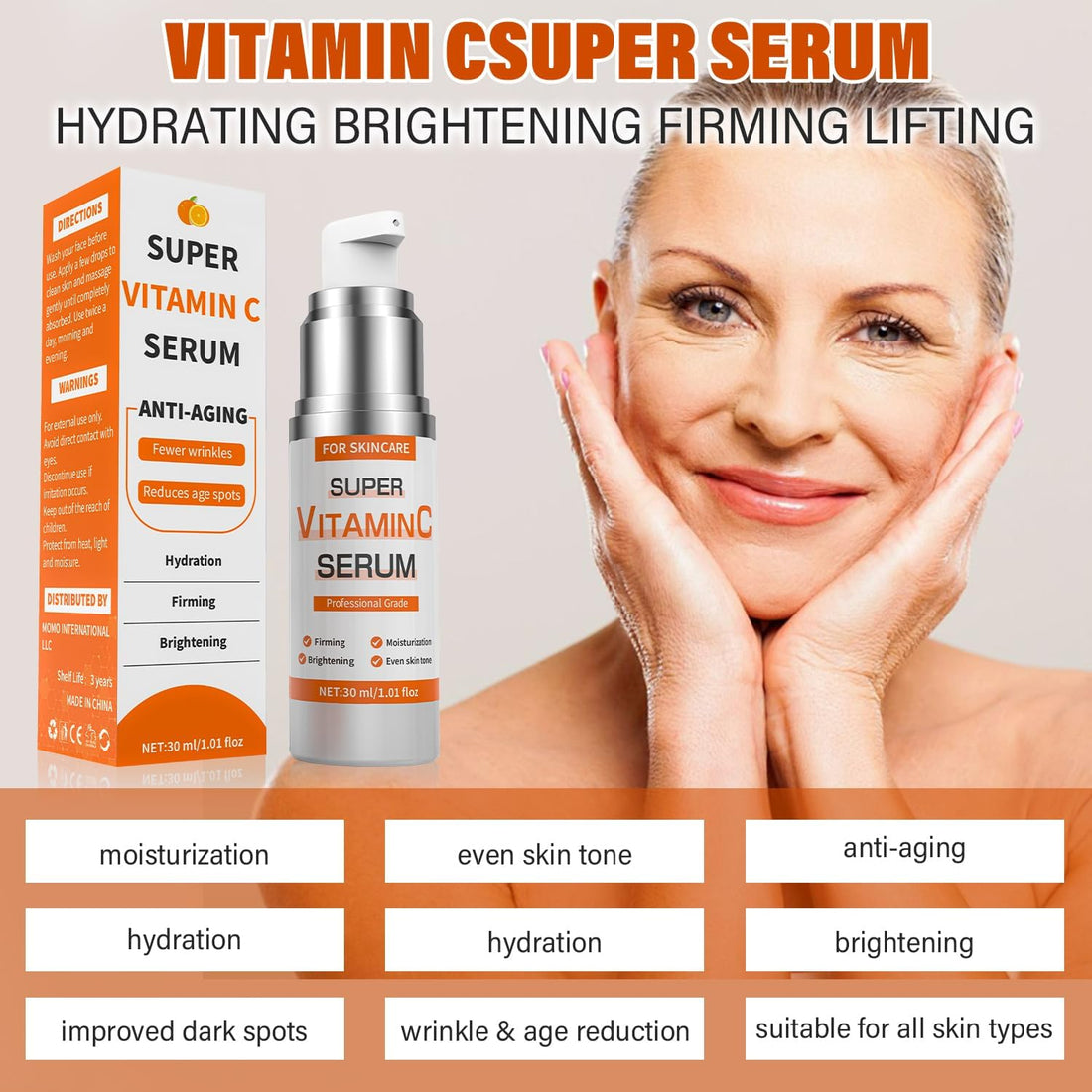 Vitamin C Serum for Face Wrinkle & Age Spots Reduction: All-In-One Hydrating Anti-Aging Formula - Vitamin C, Hyaluronic Acid, Hydrating, Lifting, vibrance super c serum for women over 70