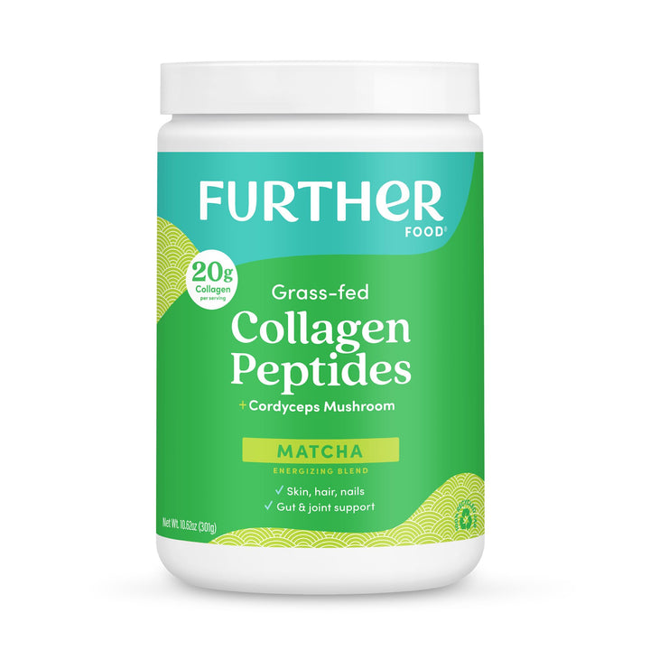 Further Food Matcha Collagen Peptides Powder - Organic Matcha & Cordyceps for All Day Energy, Mental Clarity & Immunity & Premium for Gut Health, Joints, Skin, Hair & Nails 10.62 oz