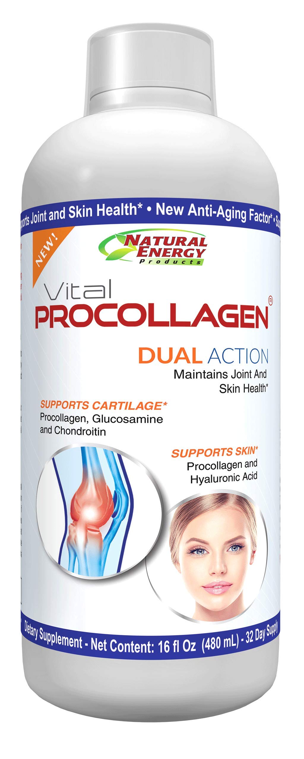 Natural Energy Vital Procollagen - Liquid Hydrolyzed Collagen Protein with Hyaluronic Acid and Glucosamine Chondroitin Sulfate Anti-Aging Factor for Men and Women 16oz |New Snickerdoodle Flavor|