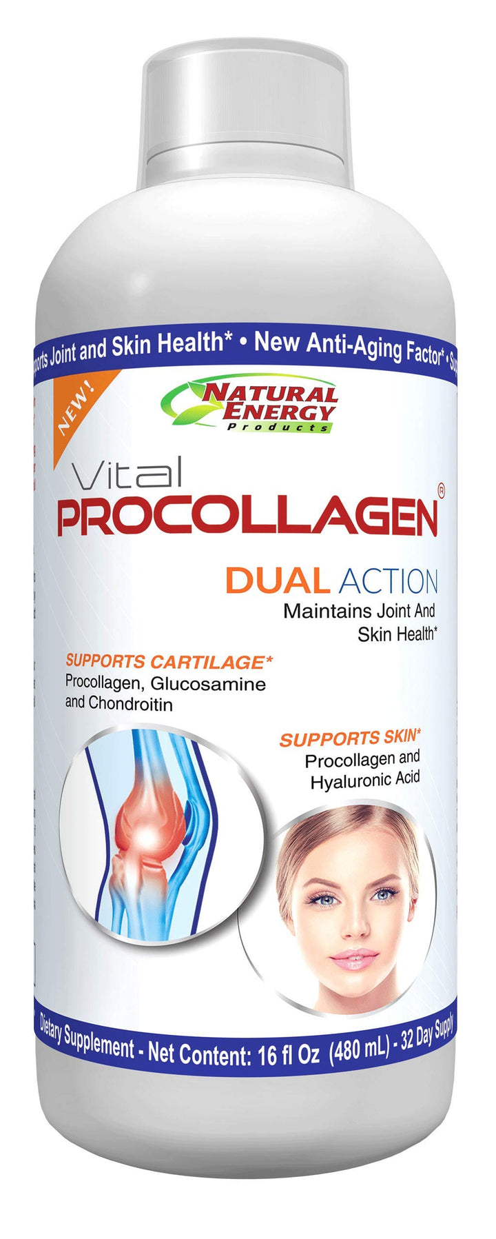 Natural Energy Vital Procollagen - Liquid Hydrolyzed Collagen Protein with Hyaluronic Acid and Glucosamine Chondroitin Sulfate Anti-Aging Factor for Men and Women 16oz |New Snickerdoodle Flavor|