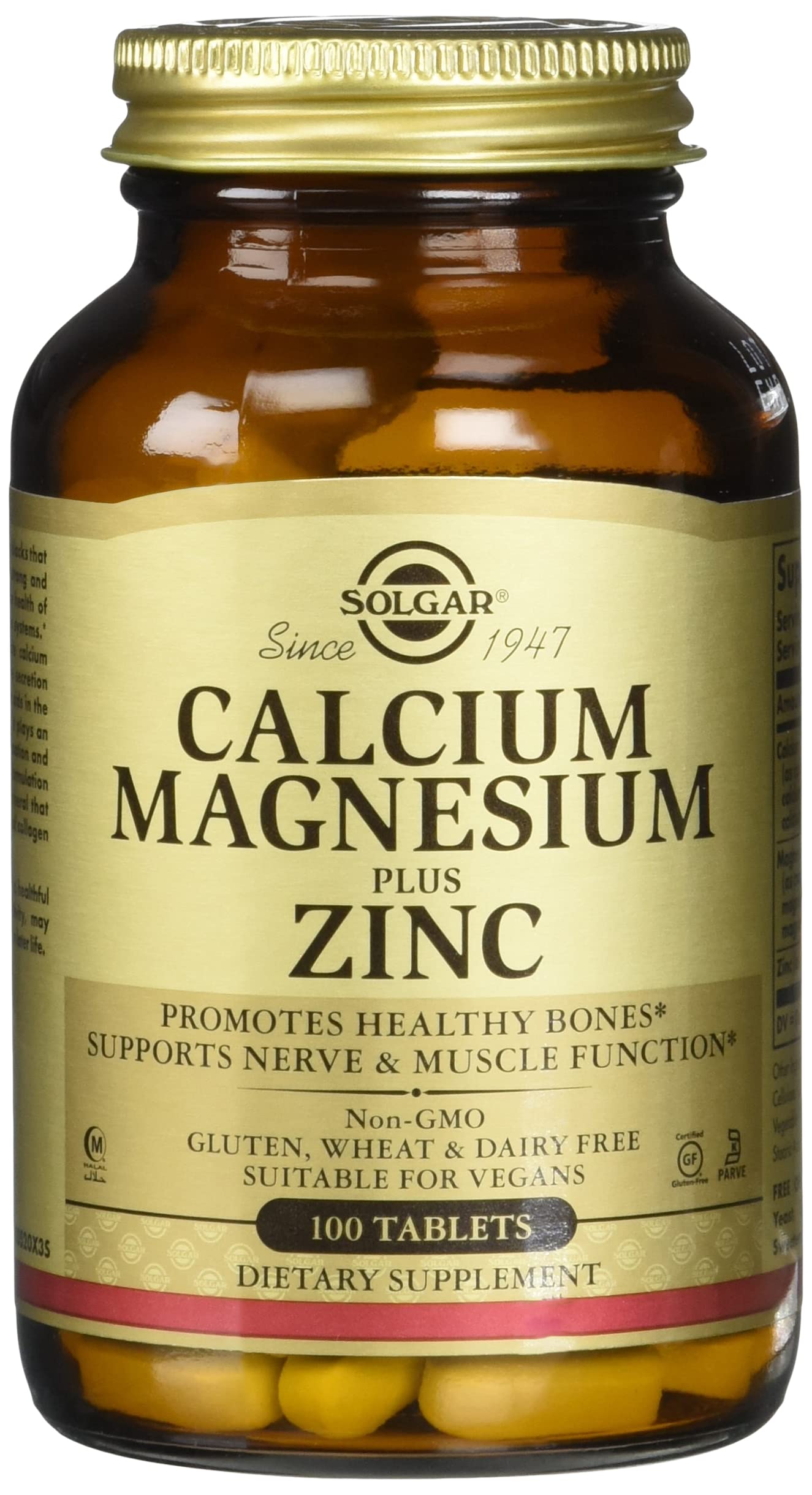 Solgar Calcium Magnesium Plus Zinc, 100 Tablets - Healthy Bones and Teeth - Nerve & Muscle Function, 100 Count (Pack of 12)
