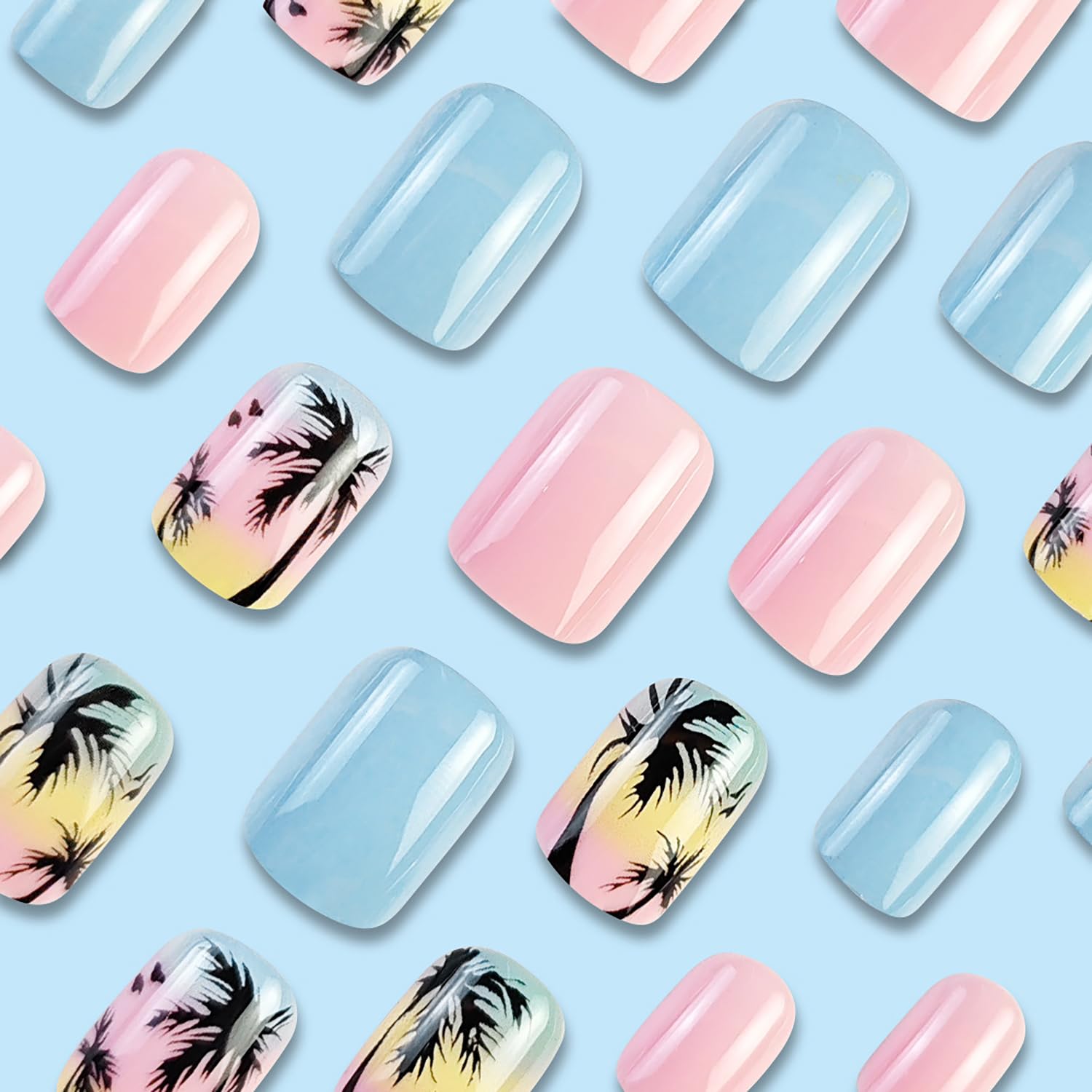 24pcs Short Press-on Nails: Square Fake Nails with Palm Tree, Blue Pink Designs, Glossy Full Cover Acrylic Artificial Nails for Summer