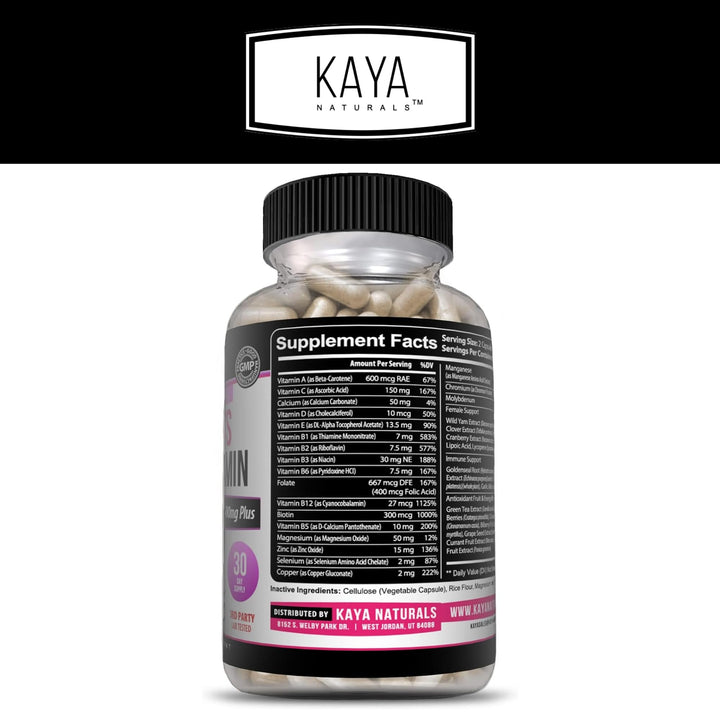 Kaya Naturals Women's Multivitamin, Overall Healthy Antioxidant, and Immune Support, Vitamins A, D, C, E, Biotin, Folic Acid, & Multi-Mineral, Energy & Metabolism Vitamin Supplement 60 Count