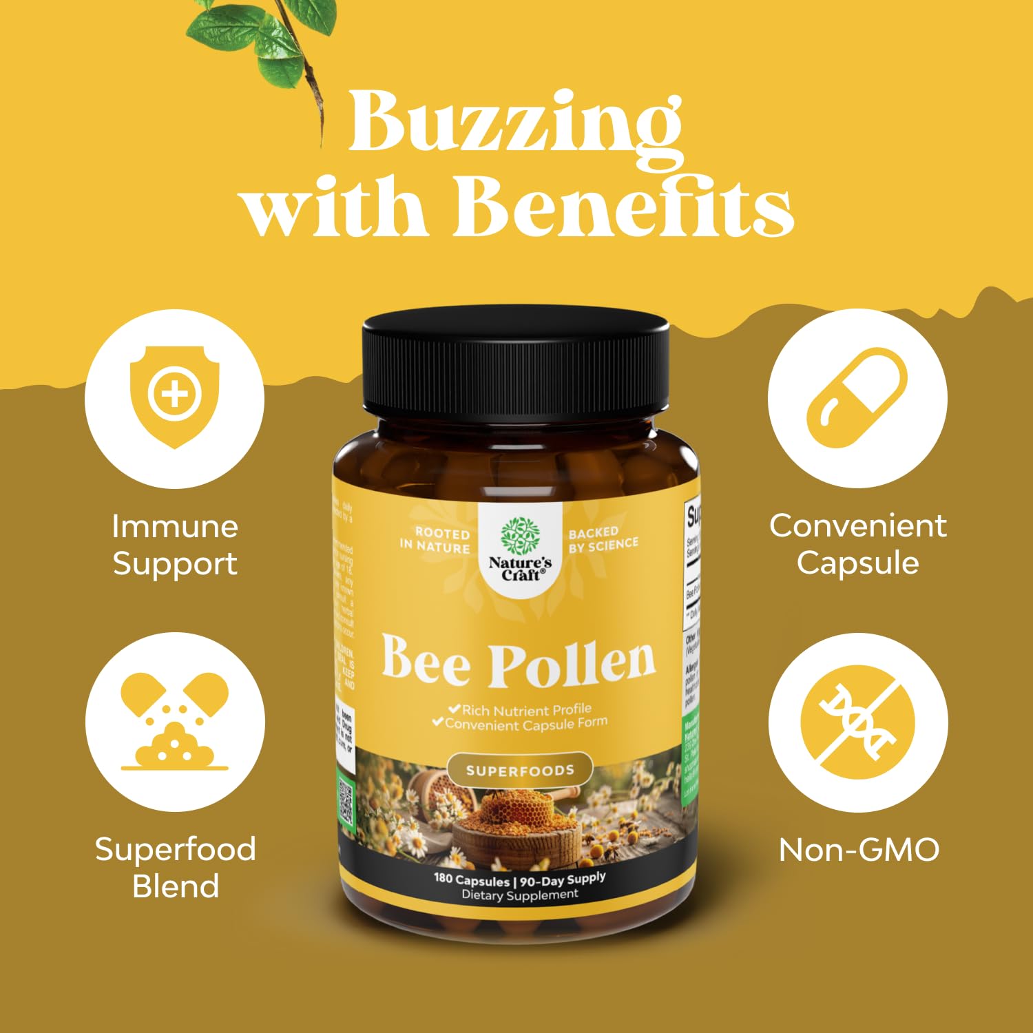 Bee Pollen Supplement 1000mg per Serving - Pure Bee Pollen Capsules with Naturally Occurring B Vitamins Minerals & Enzymes - Pills Made Vegetarian Non-GMO & Gluten Free (90 Servings)