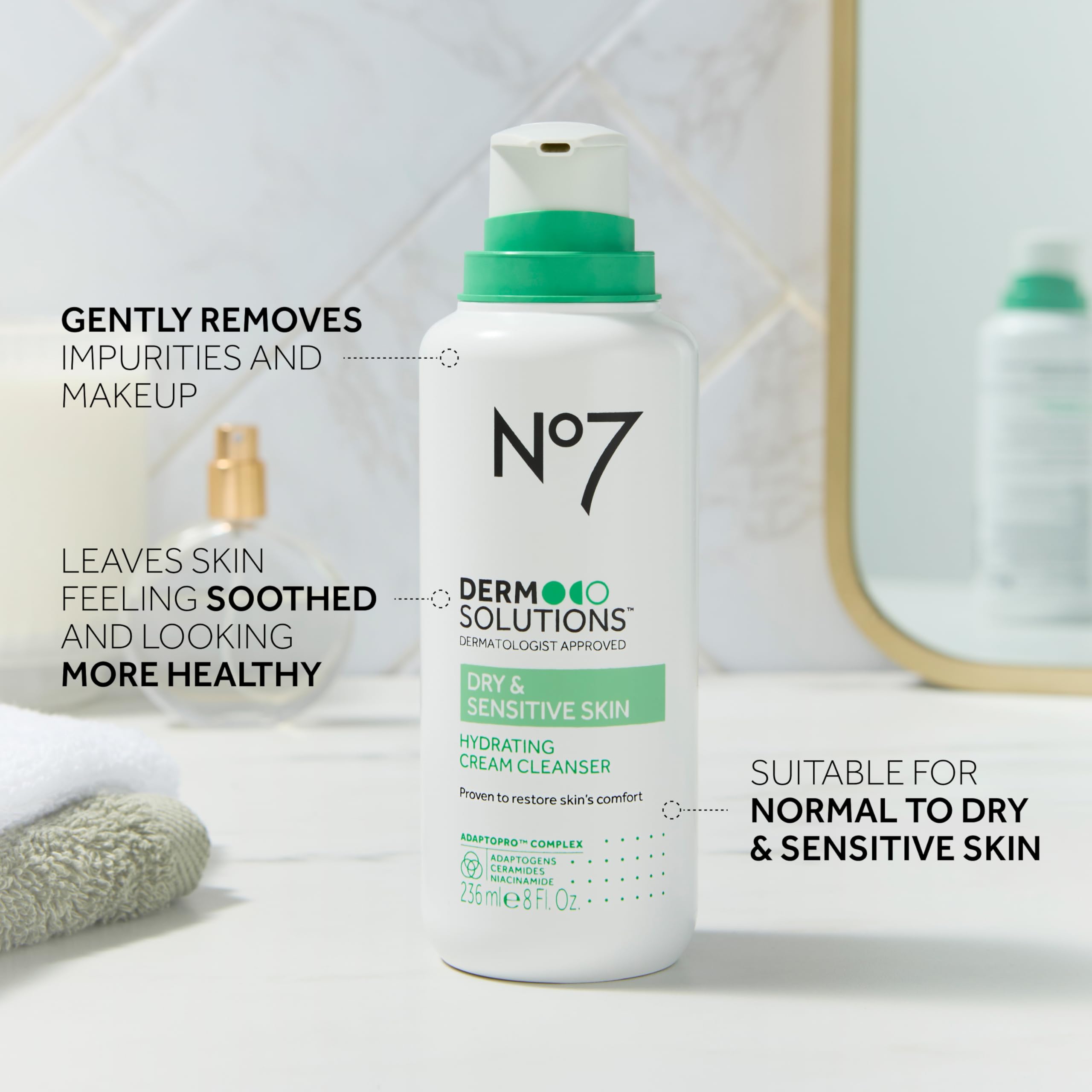 No7 Derm Solutions Hydrating Facial Cleanser - Gentle Cream Face Wash Formulated with Ceramides, Niacinamide & Adaptogens to Help Maintain Skin's Moisture Barrier - For Dry & Sensitive Skin (8 Fl Oz)
