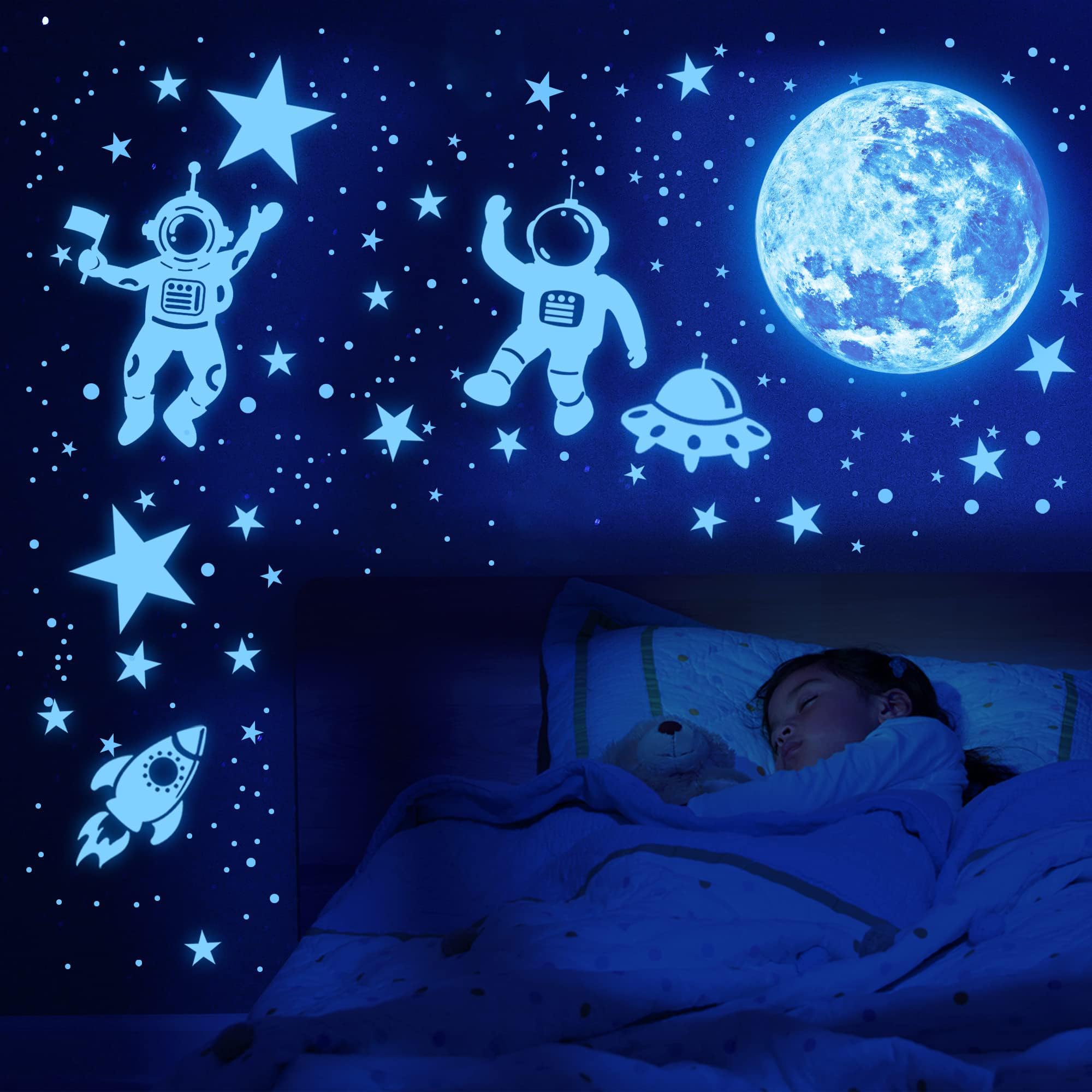 1017Pcs Glow in The Dark Stars for Ceiling Glow in The Dark Moon and Planet Wall Decal Luminous Astronaut Universe Galaxy Space Wall Stickers for Kids Boys Bedroom Christmas Gift Blue