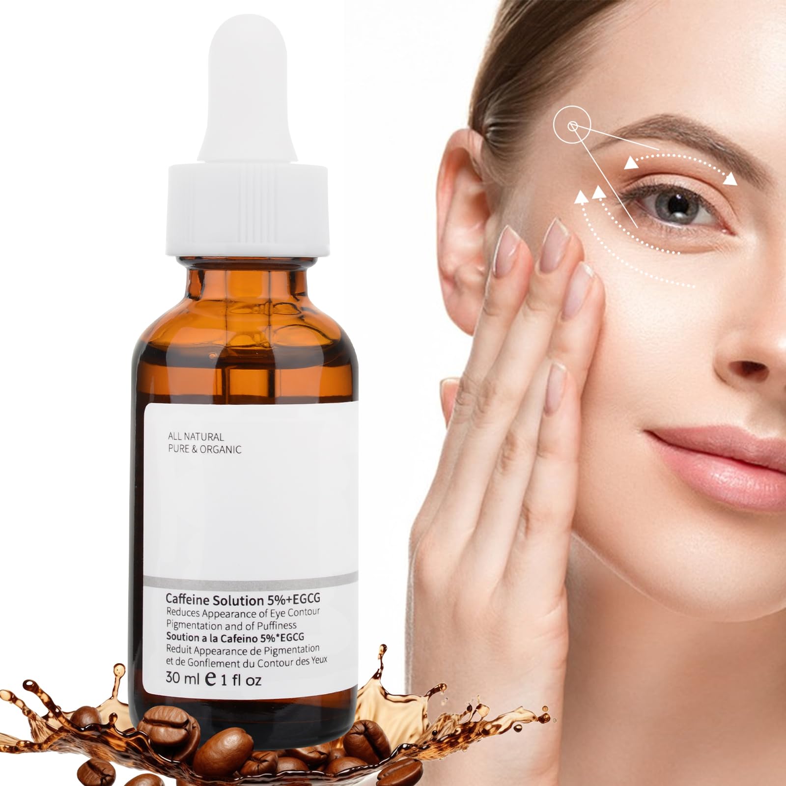 Caffeine Eye Serum with EGCG, 5% Caffeine Solution for Eyes Reduces Pigmentation and Puffiness, Under Eye Serum for Dark Circles, Under Eye Bags, Wrinkles and Fine Lines, 1 OZ