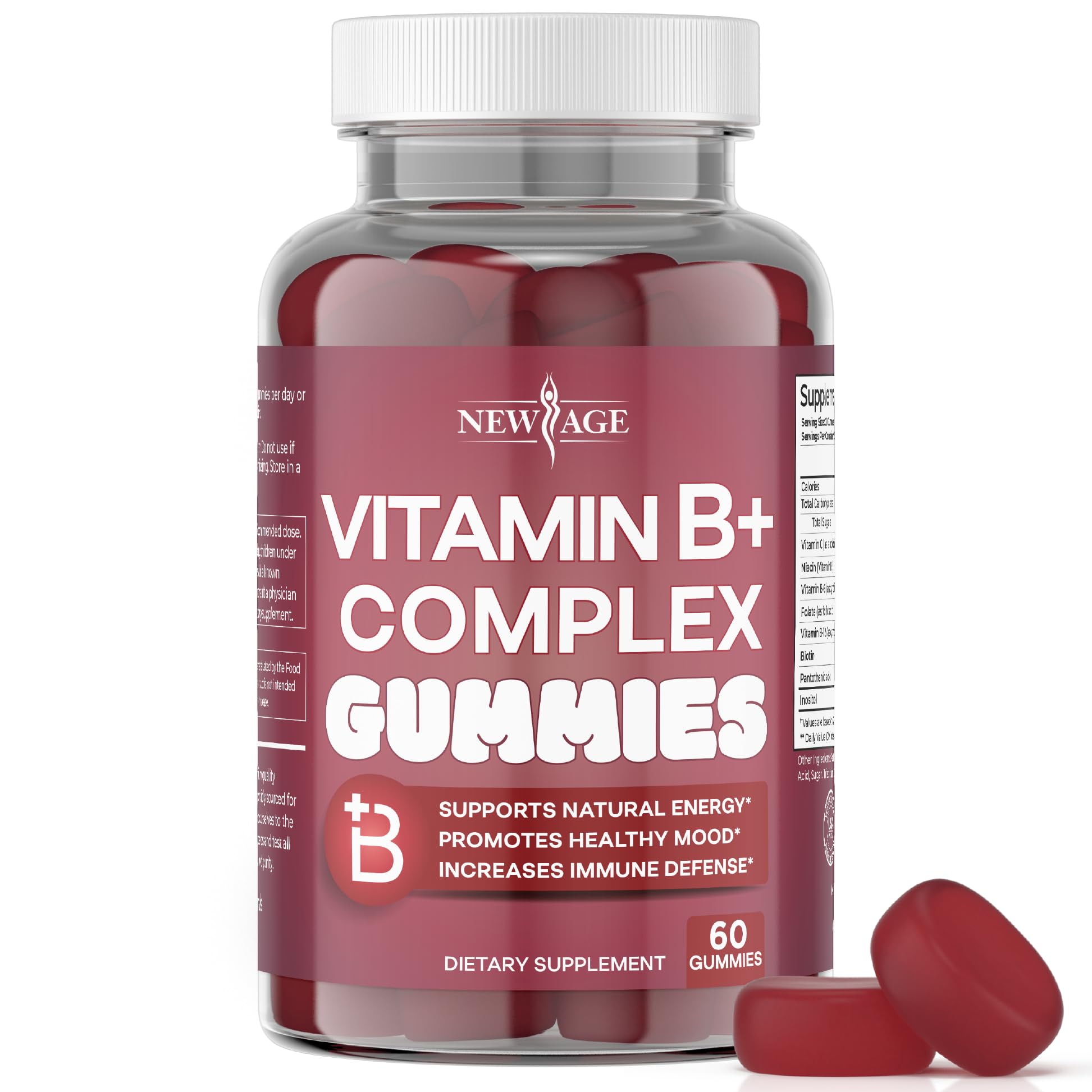 NEW AGE Vitamin B Complex Gummies with Vitamin B3, B5, B6, B7, B9 & B12 – with Biotin, Folic Acid & Vitamin C – Gluten-Free, Vegan, Made in The USA! (60 Count (Pack of 1))