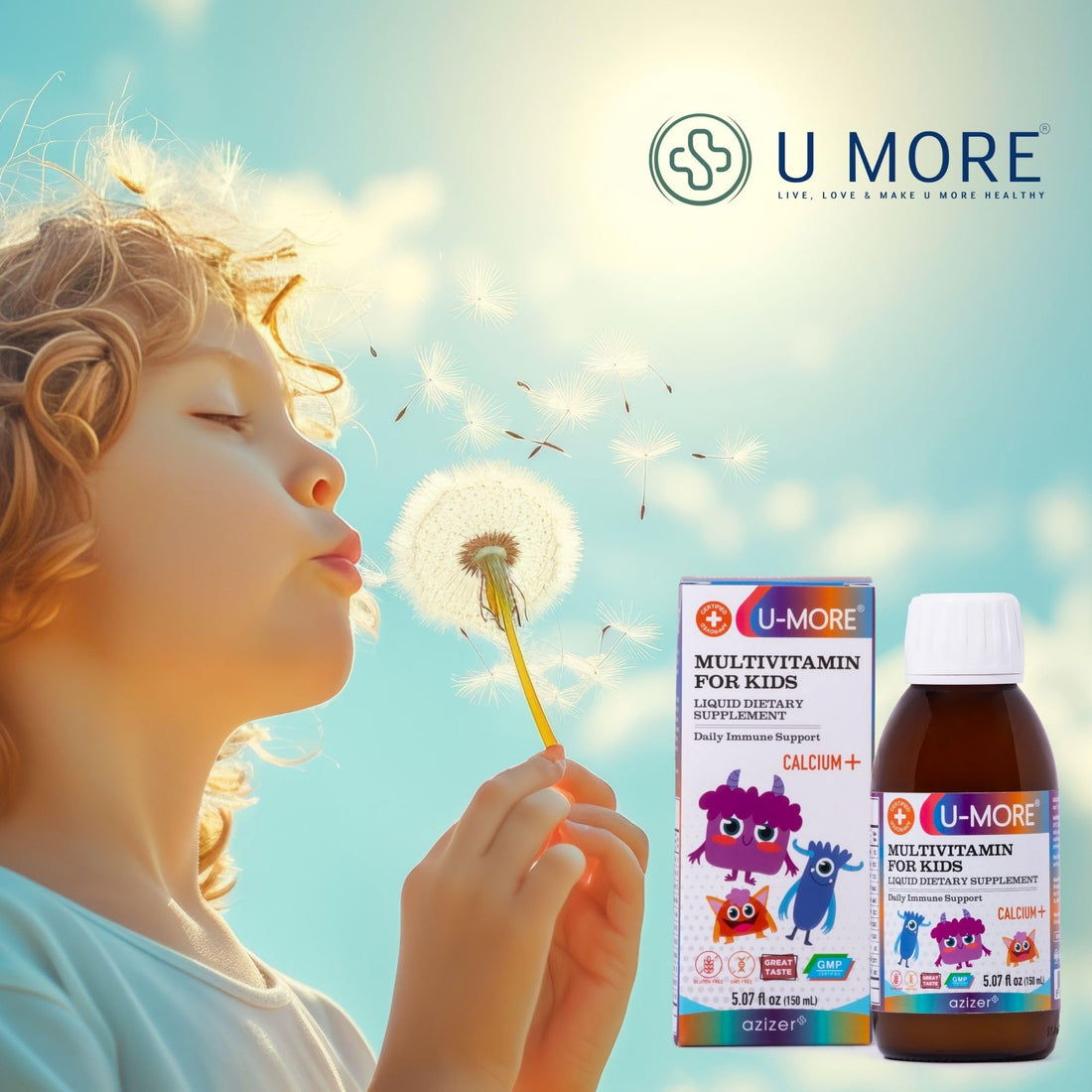 U-MORE Children's Multivitamin Syrup with Calcium, Vitamins C, B3, E, B5, Zinc, B2, B1, B6, A, D - Energy & Immune Support - 5.07 fl oz