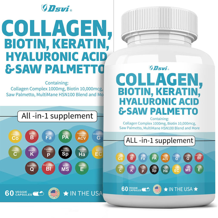 Collagen Pills 1000mg Biotin 10000mcg Keratin Saw Palmetto 2500mg Hyaluronic Acid - Hair Skin and Nails Vitamins and DHT Blocker with Vitamin E Folic Acid Pumpkin Seed MSM for Men and Women,60 Count