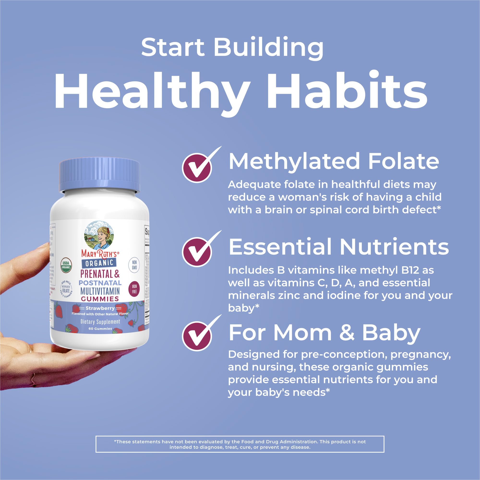 MaryRuth Organics Prenatal Vitamins for Women | USDA Organic Prenatal Gummies | Postnatal Vitamins for Women Breastfeeding | Methylfolate 800 mcg DFE | Iodine | Vegan | Non GMO | 30 Servings