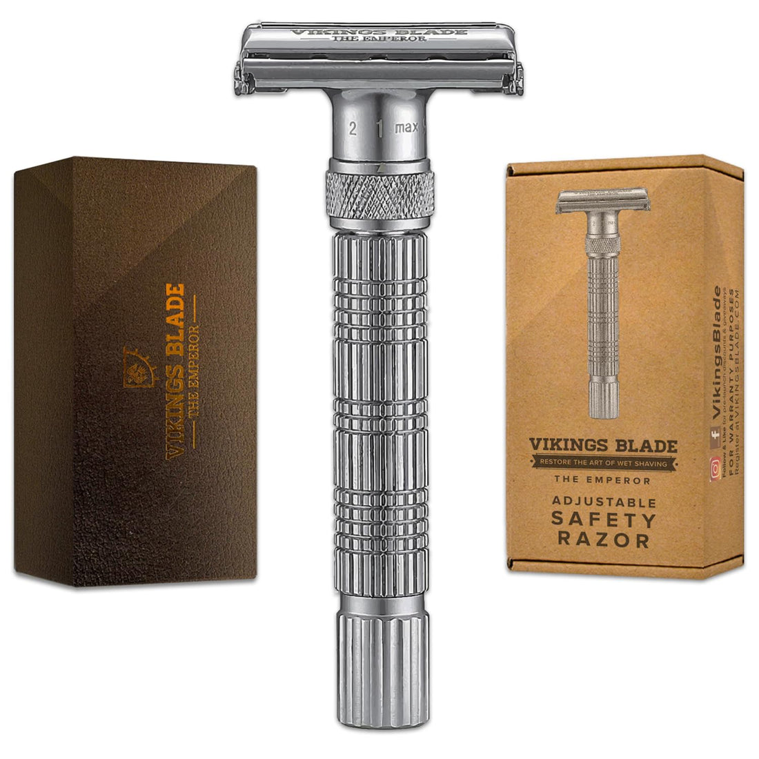 VIKINGS BLADE Adjustable Double Edge Safety Razor + Luxury Case. Smooth, Reusable, Eco-Friendly (The Emperor “Frosted Chrome”)