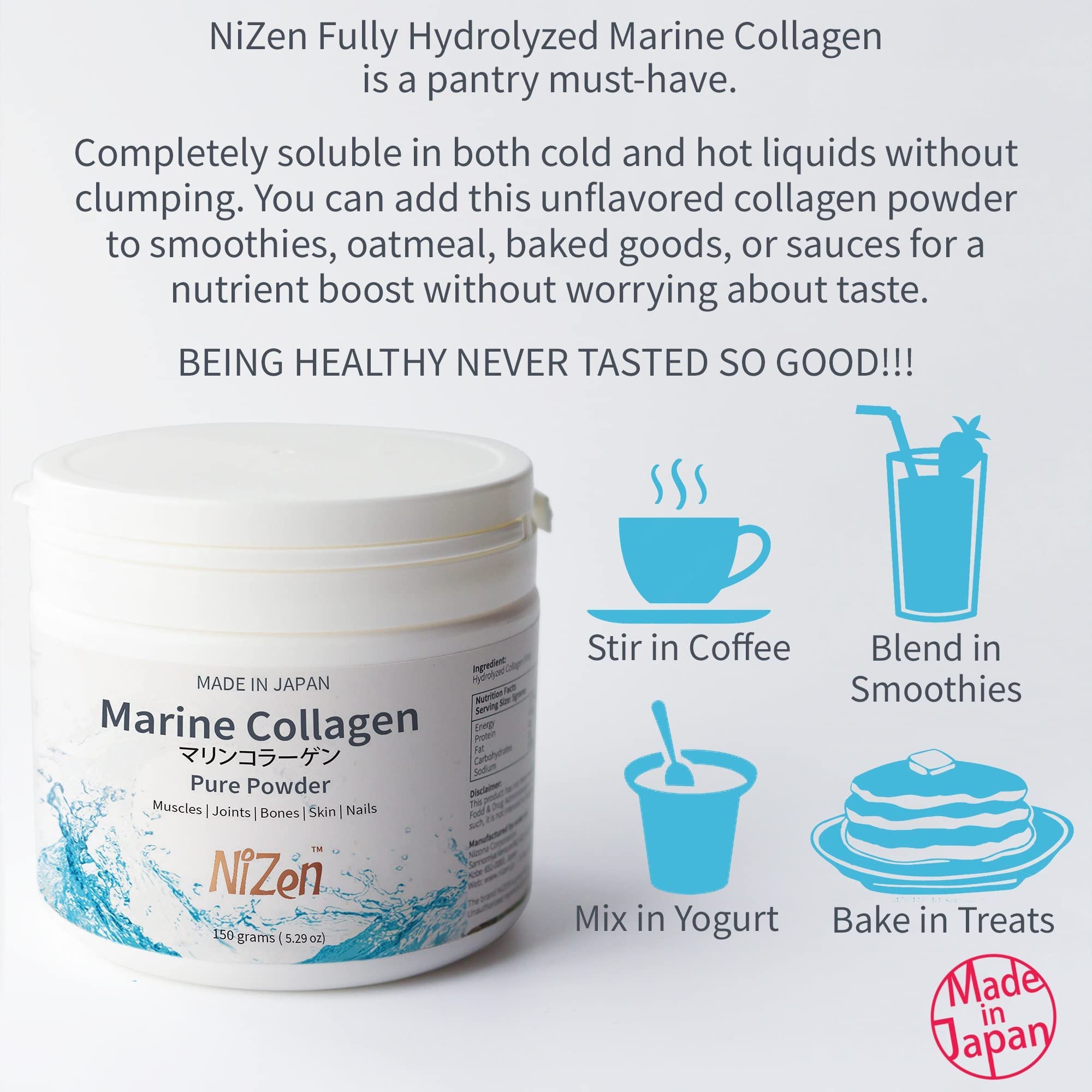 Nizen Marine Collagen Pure Powder, Hydrolyzed Peptides Easy-to-Digest Amino Acids Supplement. Unflavored. Non-Clumping. Made in Japan. 5.29oz