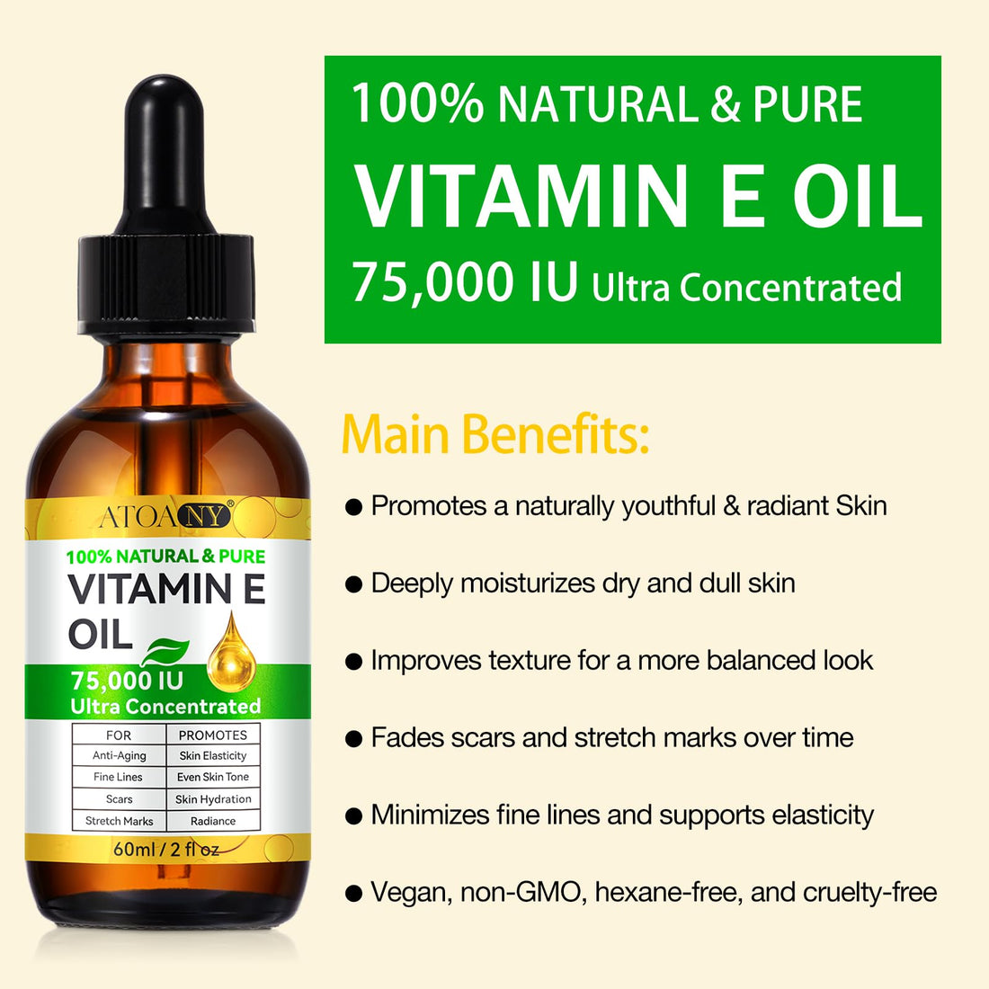 ZIXAOK Vitamin E Oil, 75000 IU Ultra Concentrated, 100% Natural and Pure Vitamin E Oil for Face, Skin and Scars,Moisturizing Dry Skin and Winkles, 2 fl oz